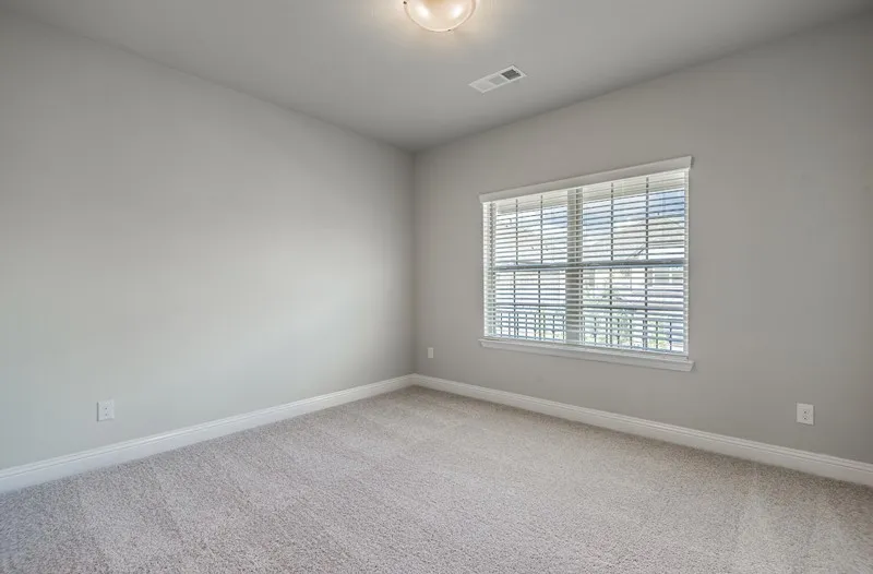 Neutral wall color, light gray carpeting, single window with blinds, overhead flush-mount light fixture