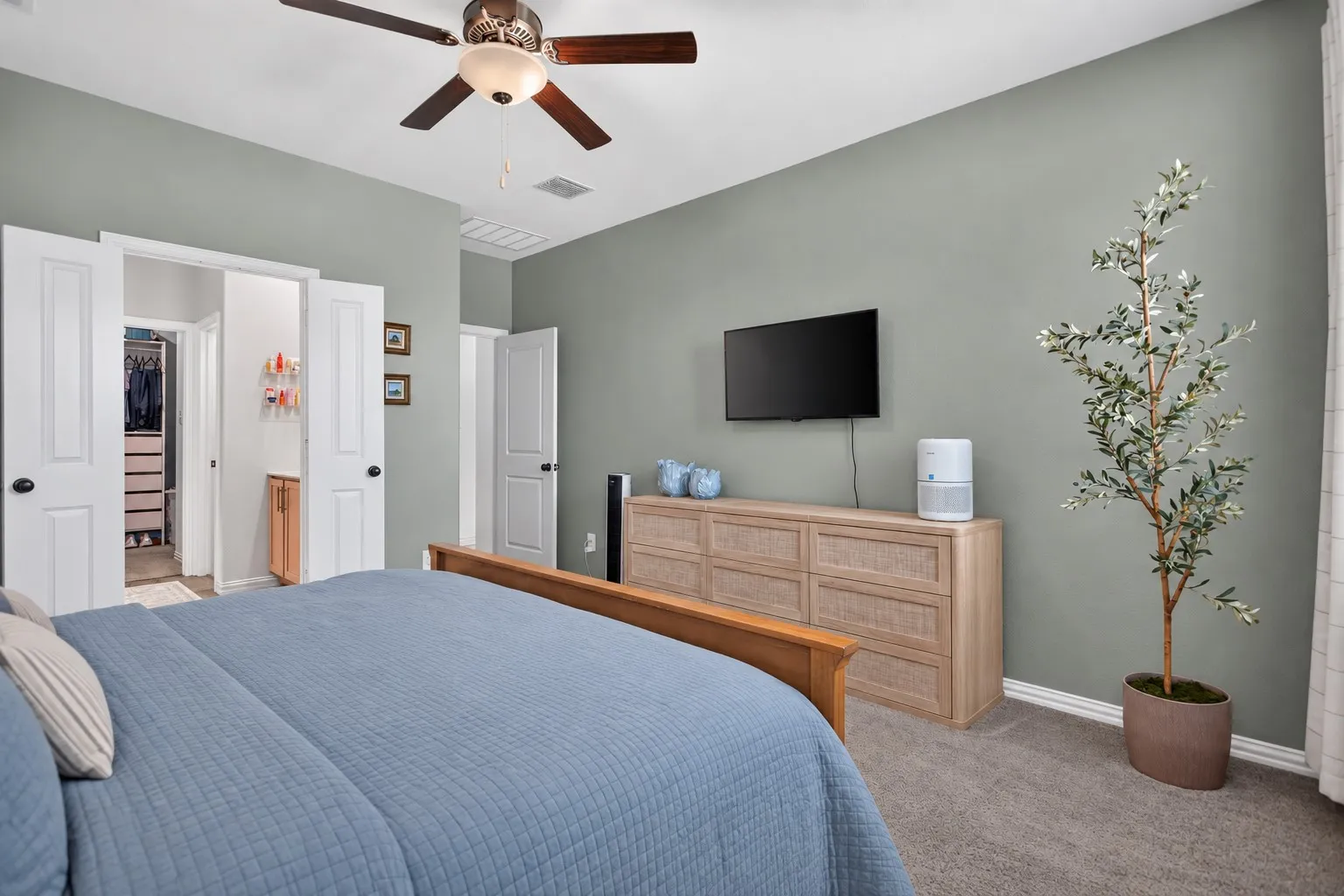 Carpeted room featuring a ceiling fan with integrated lighting, a wall-mounted television, and a built-in closet system