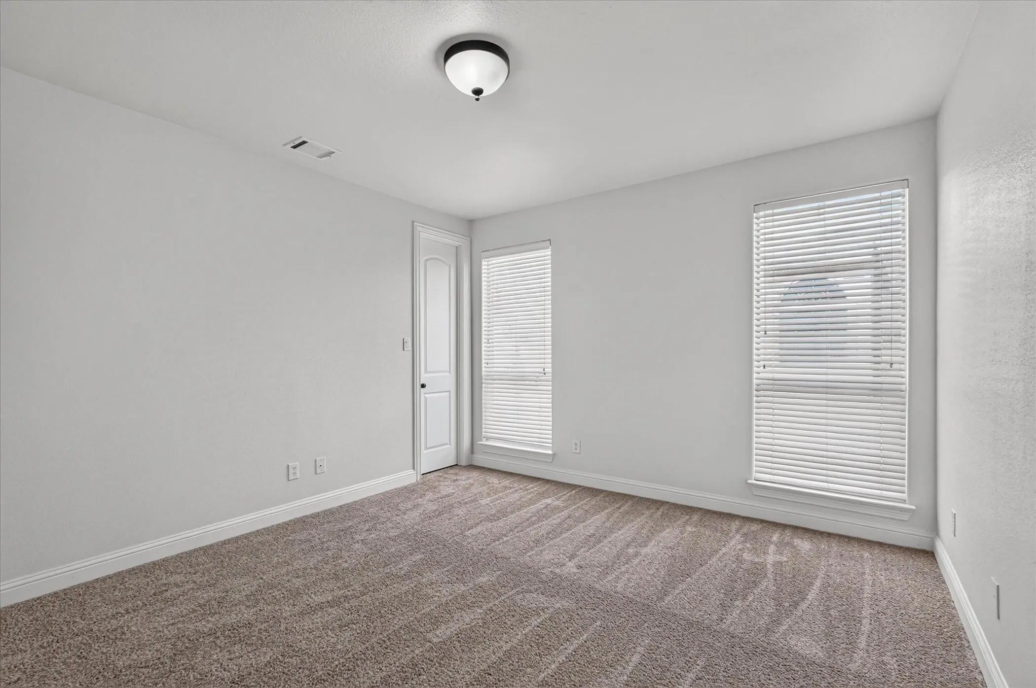 Neutral wall paint, plush carpet, two windows with blinds, flush mount ceiling light, and a paneled interior door