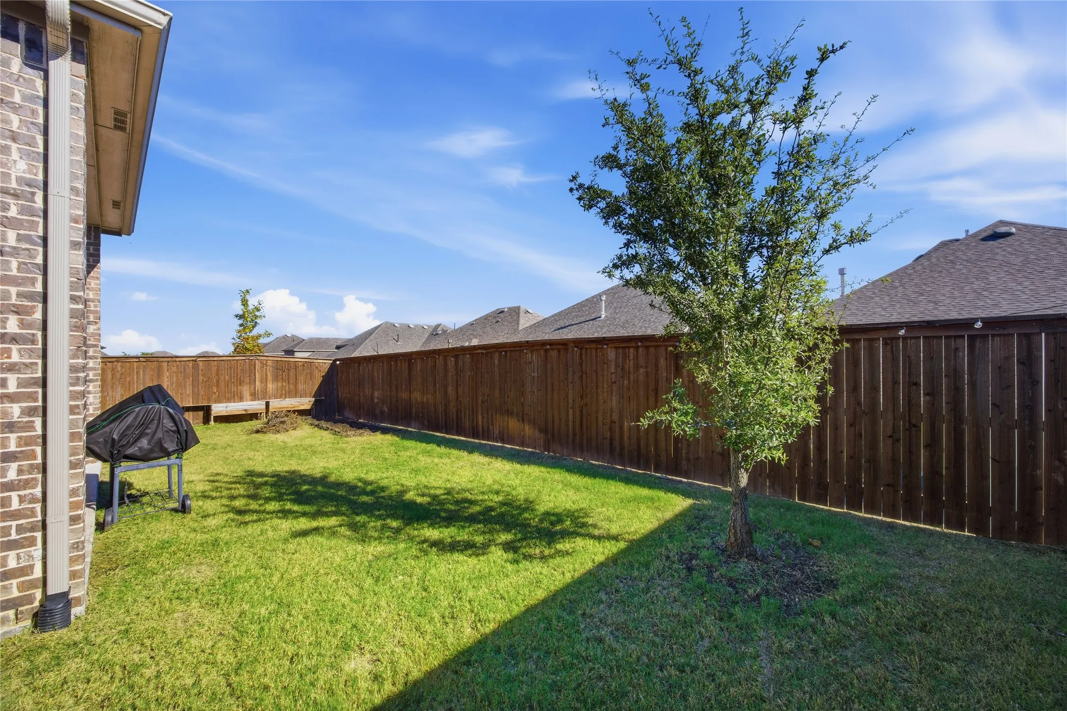 Expansive fenced yard featuring a young tree, natural grass, and a brick exterior wall