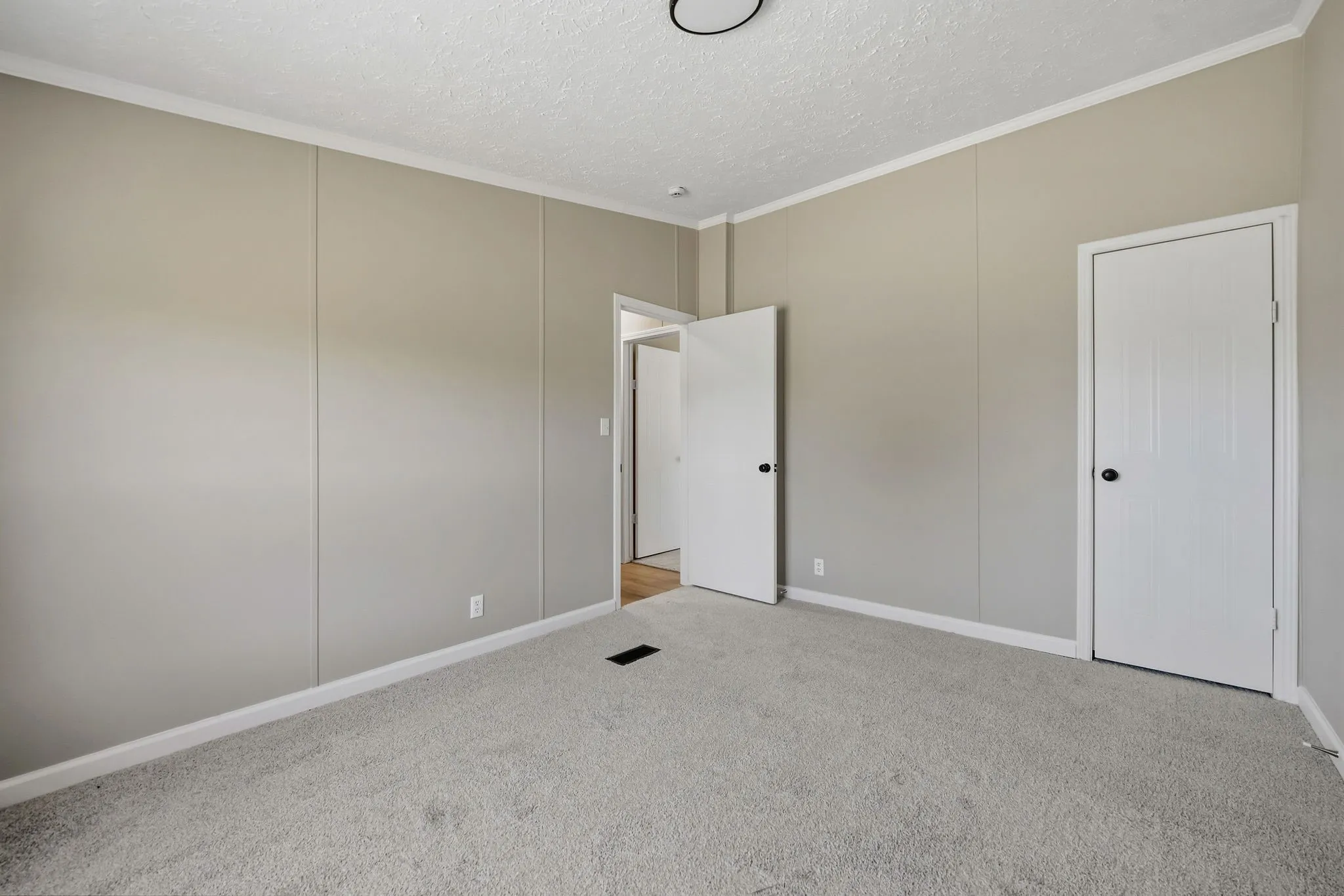 Neutral wall paneling, light gray carpeting, white trim, and white paneled doors