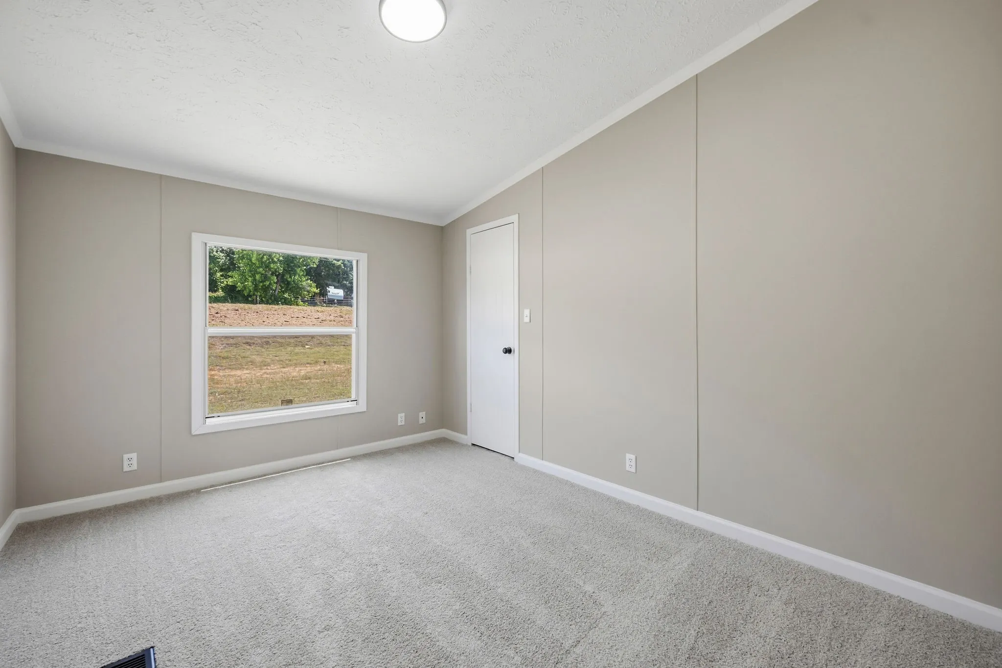 Wall-to-wall carpeting, neutral wall color, and white trim