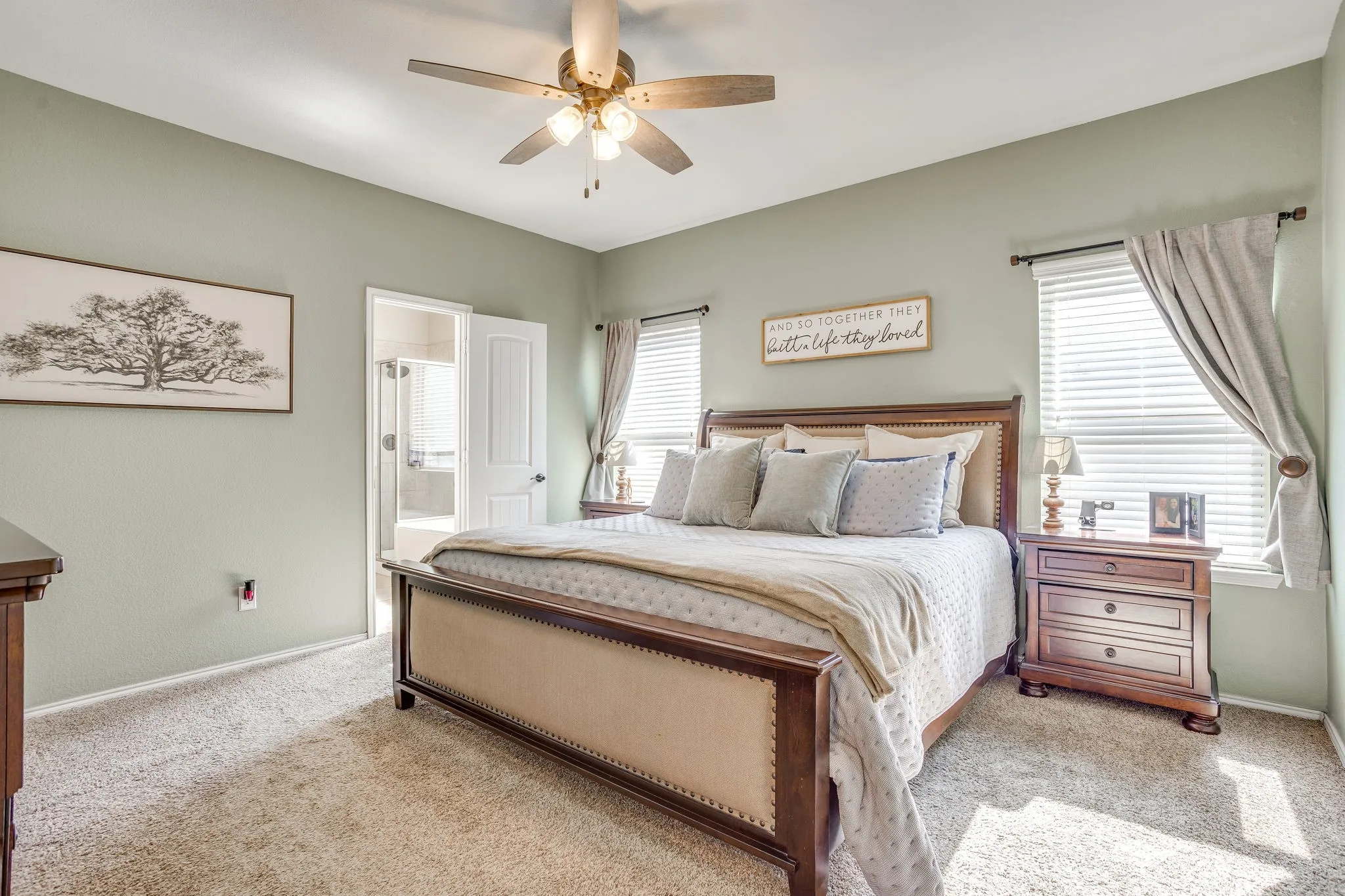 Soft-toned walls complement plush carpeting