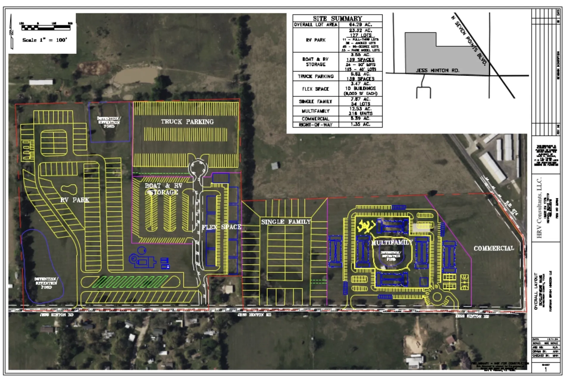 Site Plan. Illustrating the proposed development of the property, including designated areas for RV park, boat and RV storage, truck parking, single-family, multi-family, and commercial use with an overall site summary