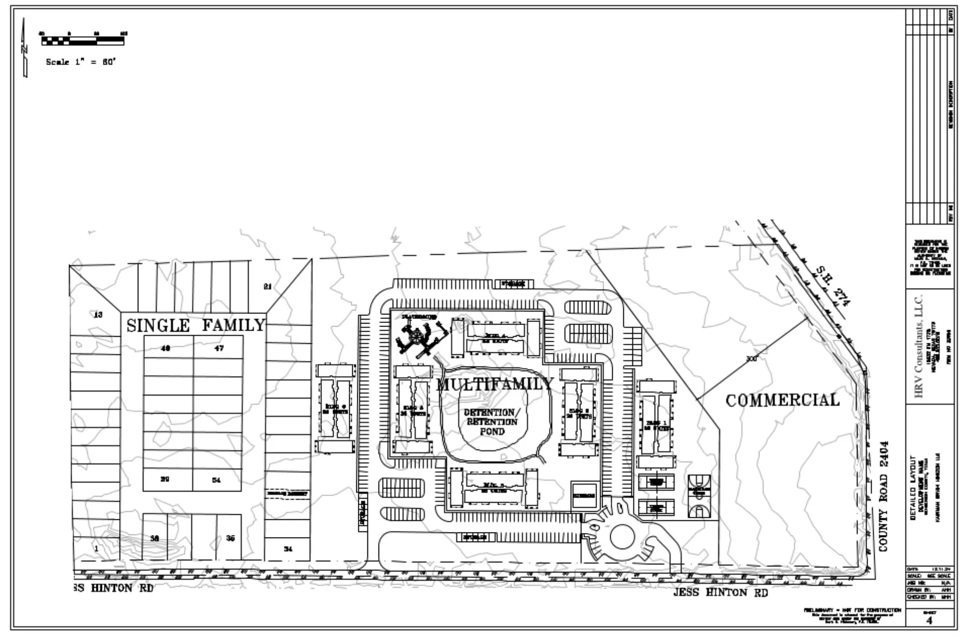 Site Plan. Outlining the proposed property zoning and infrastructure, including single-family, multifamily, and commercial areas, along with a detention/retention pond