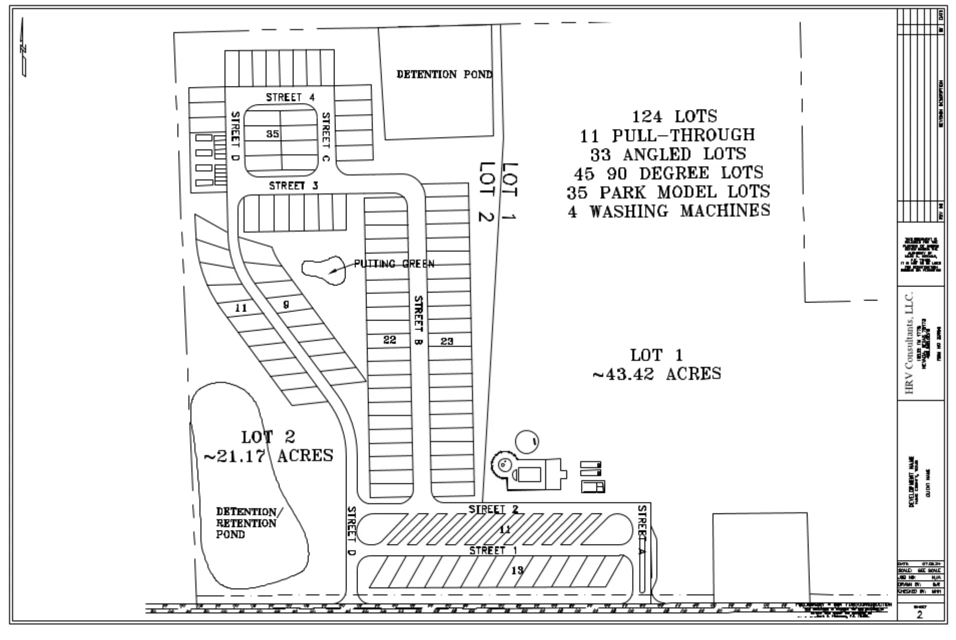 Site Plan. Depicting the layout of Lots 1 and 2, including lot counts, lot types, and site features