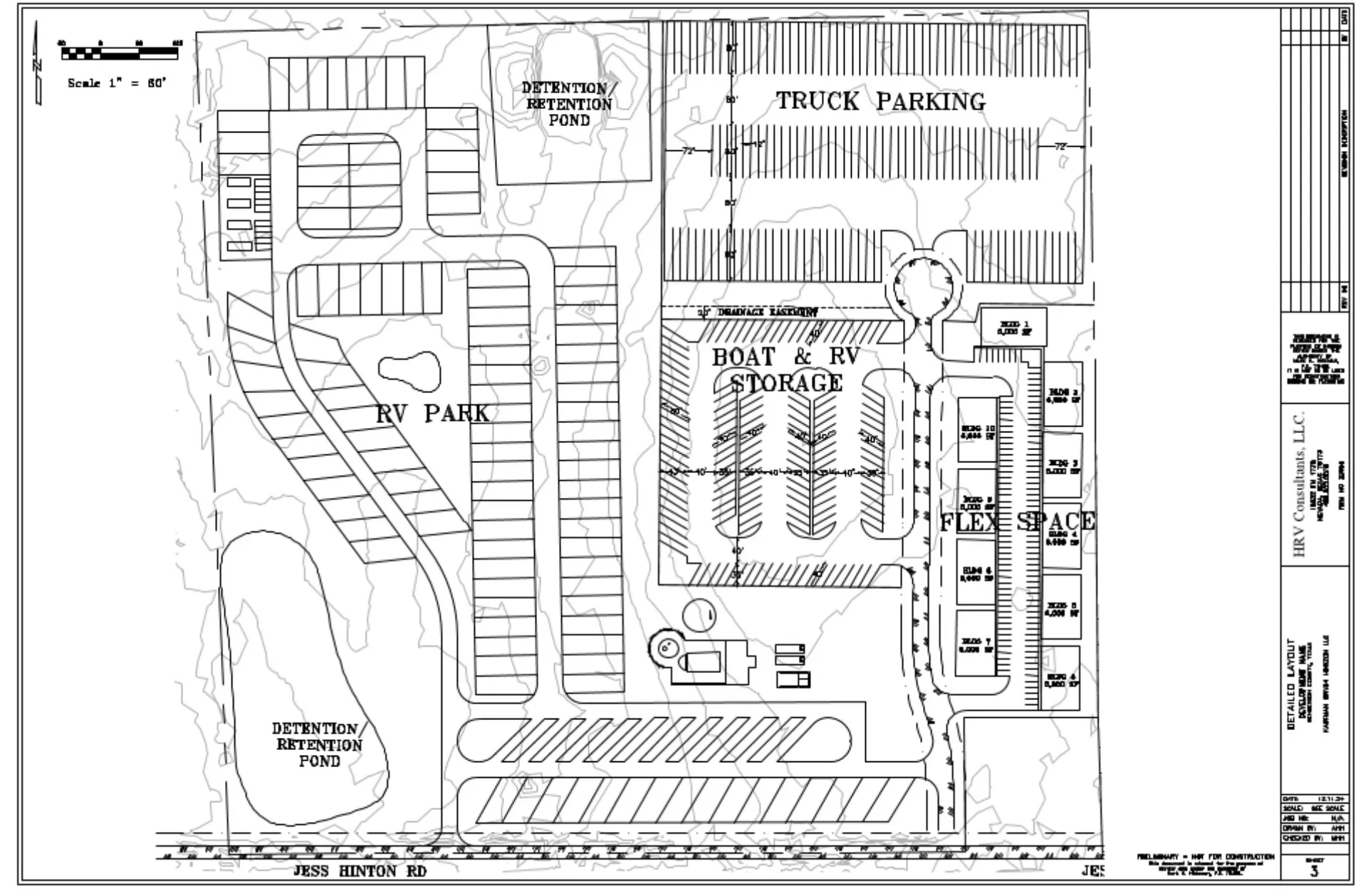 Site Plan, Layout. Illustrating the property's various designated areas for parking, storage, and retention ponds