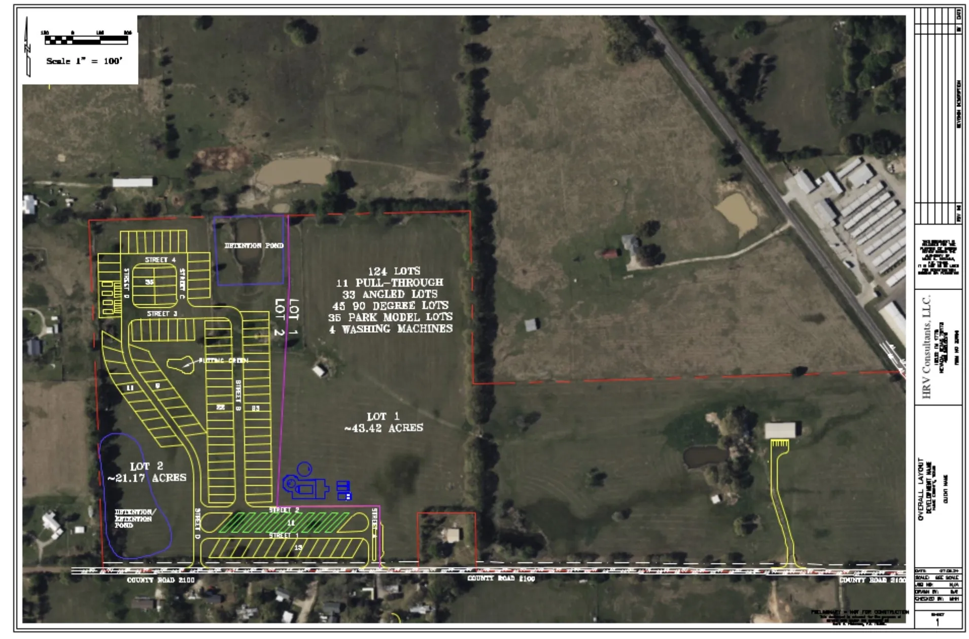 Overall Layout Plan. Indicating lot divisions, proposed site features, and acreage for the property