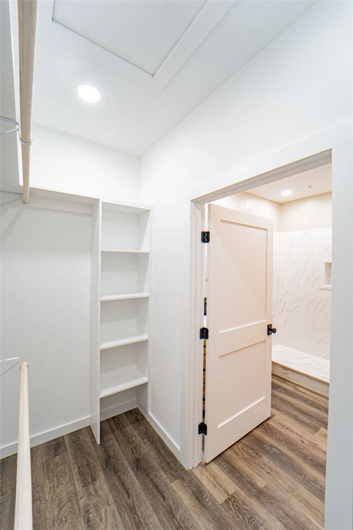 Built-in shelving, wood-finish flooring, white paneled door, black hardware, recessed ceiling lighting