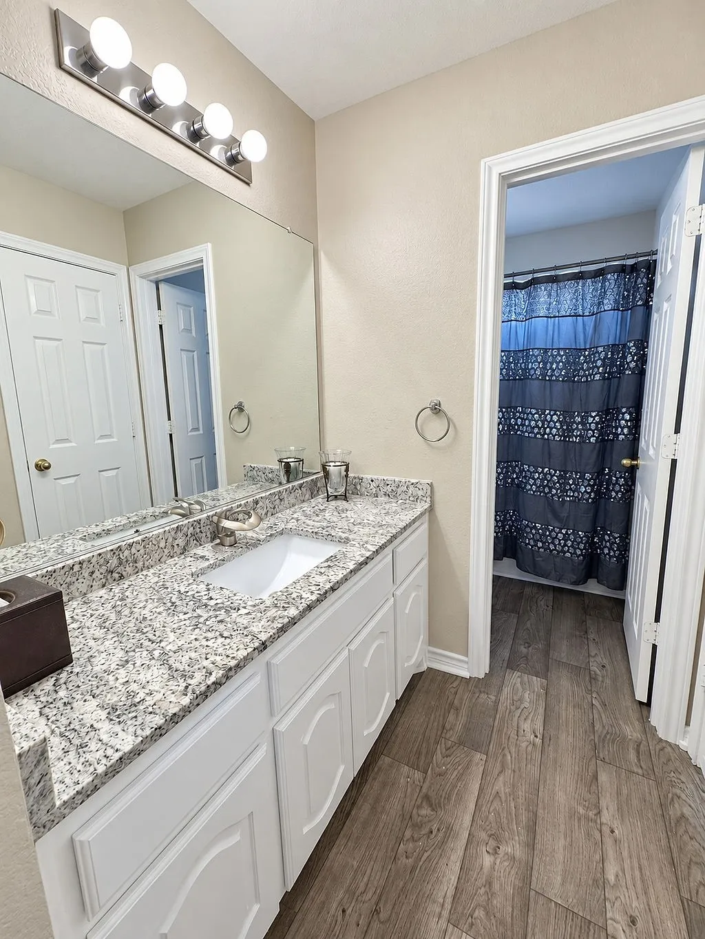 Bathroom featuring a white vanity with an undermount sink, speckled countertop, and wood-finish flooring