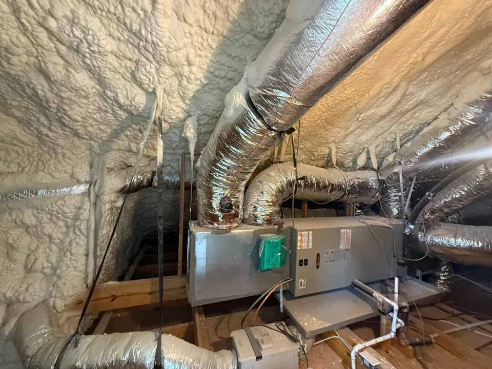 Spray foam insulation covering the roof deck and walls