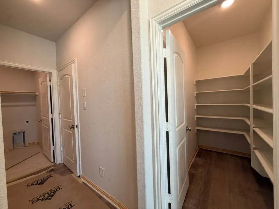 Walk-in pantry featuring extensive built-in shelving and wood-finish flooring