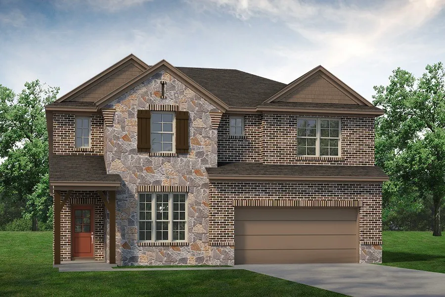 Two-story exterior featuring a prominent stone facade, brick detailing, a covered entry with wood columns, an attached garage, and multiple windows