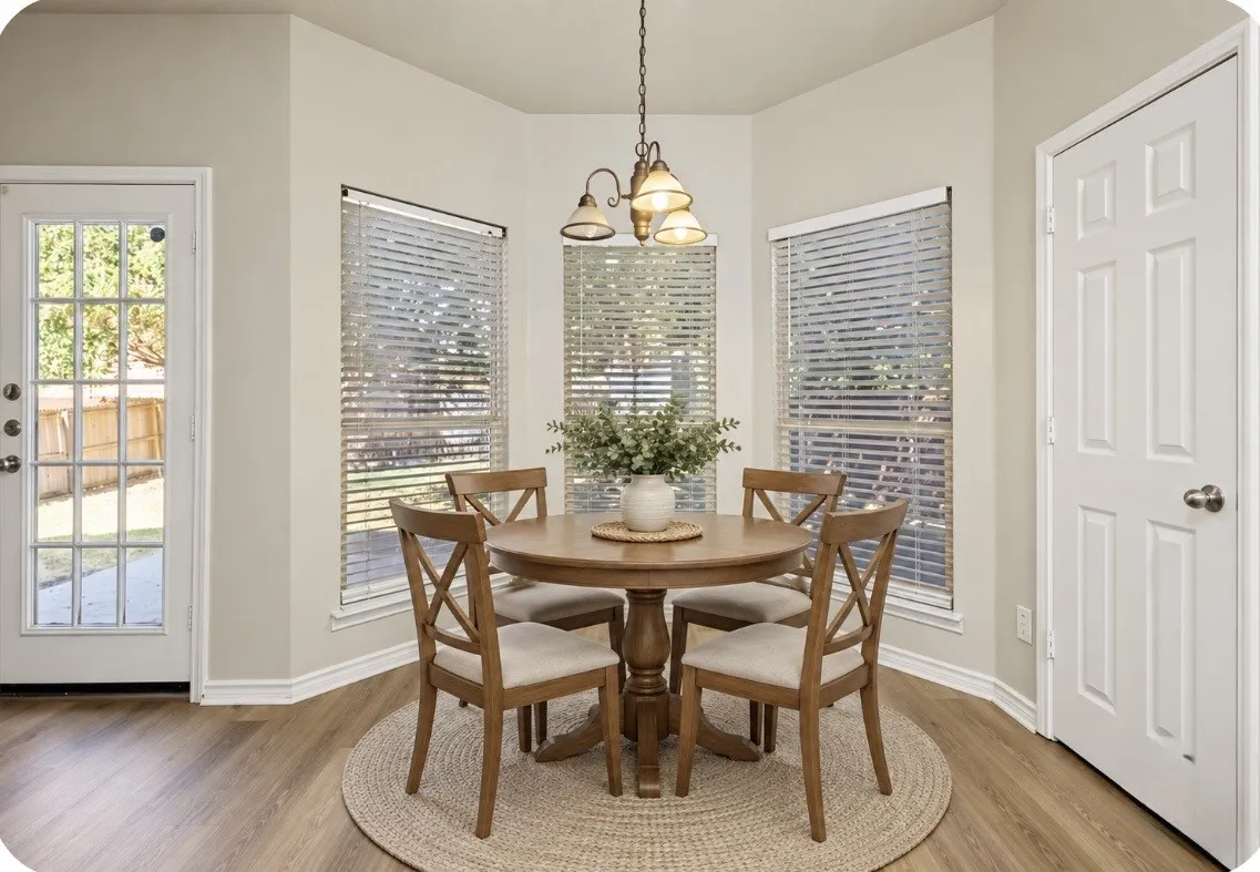 Staged: Bay window with three windows, wood-finish flooring, white paneled door, glass-paneled exterior door, and ceiling-mounted light fixture