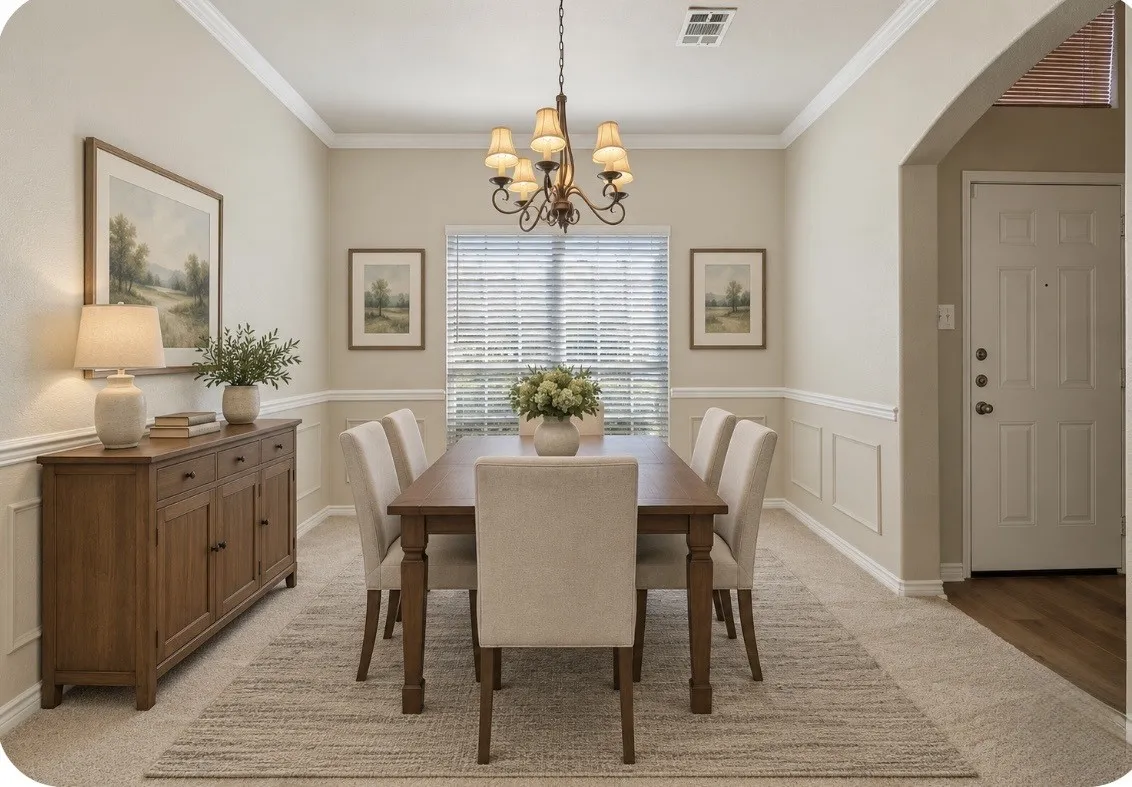Archway entry with wood-finish flooring