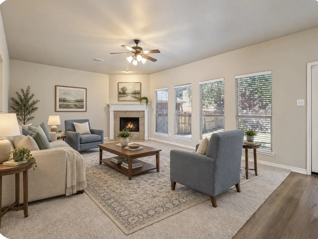 Staged: Corner fireplace with a tile surround and mantel, multiple windows with blinds, ceiling fan with integrated lighting, recessed lighting, and wood-finish flooring