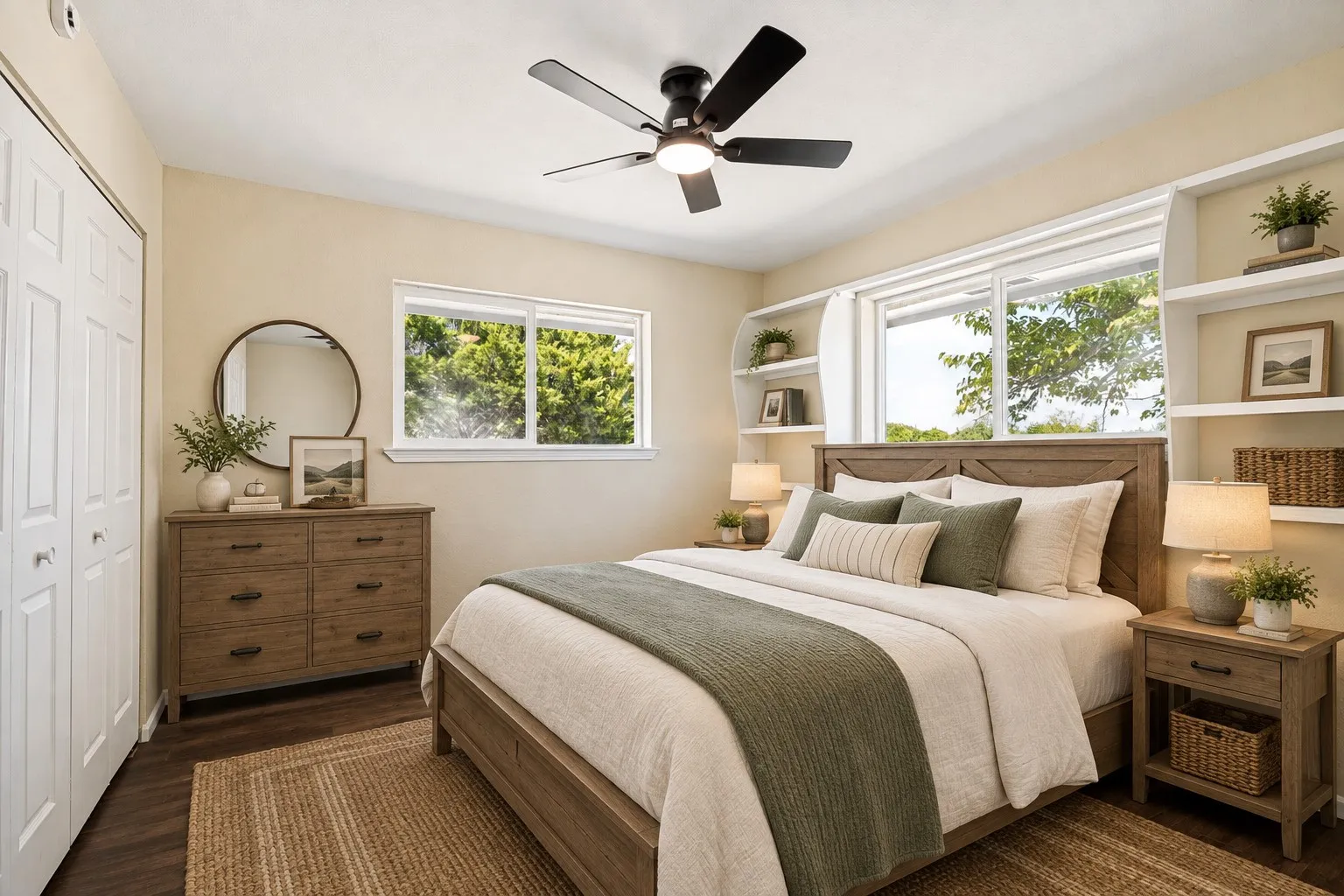 Wood-finish flooring, built-in shelving, dual pane windows, ceiling fan, and bi-fold closet doors