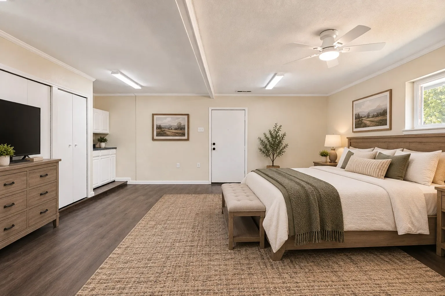 Wood-finish flooring with a ceiling fan, a window, and built-in white cabinetry