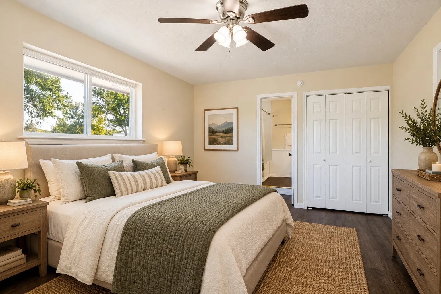 Window with outdoor scenery, ceiling fan with light fixture, wood-finish flooring, bi-fold closet doors, and recessed lighting