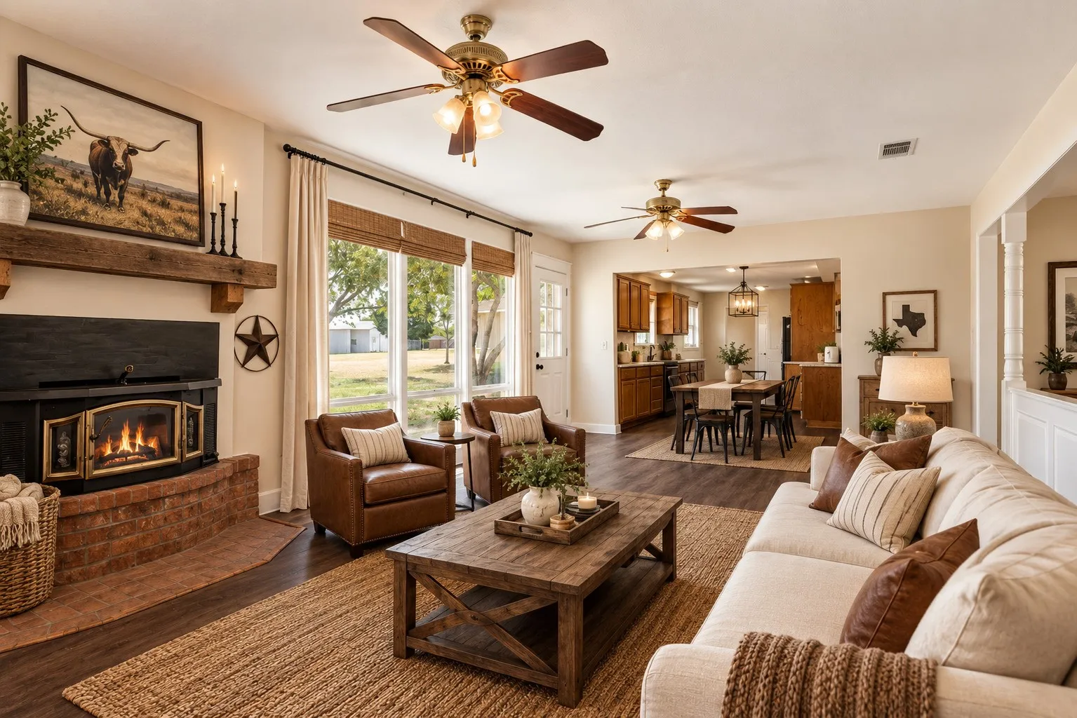 Brick fireplace with a dark mantel, wood-finish flooring, and a ceiling fan