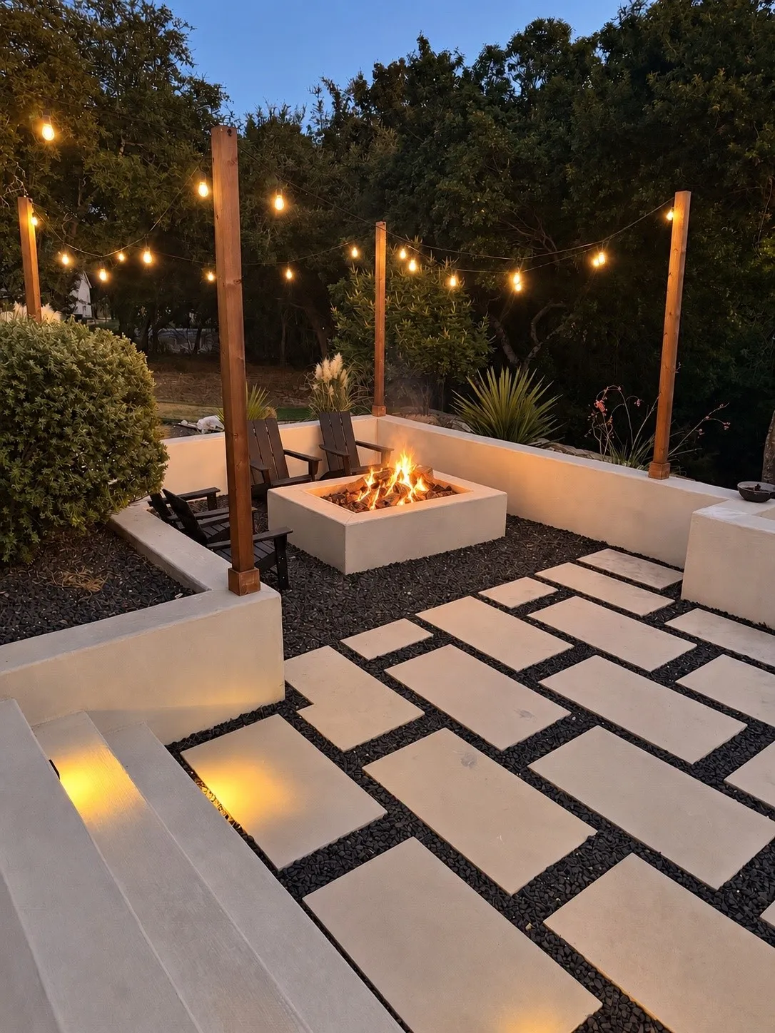 Patio featuring concrete pavers with dark aggregate, built-in fire pit, and string lighting