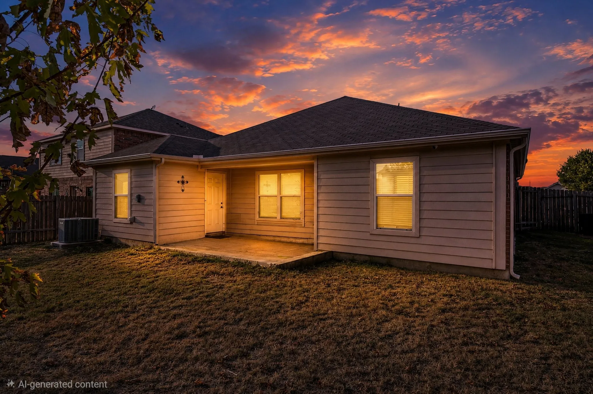 Exterior siding with multiple windows, concrete patio, and a sloped lawn