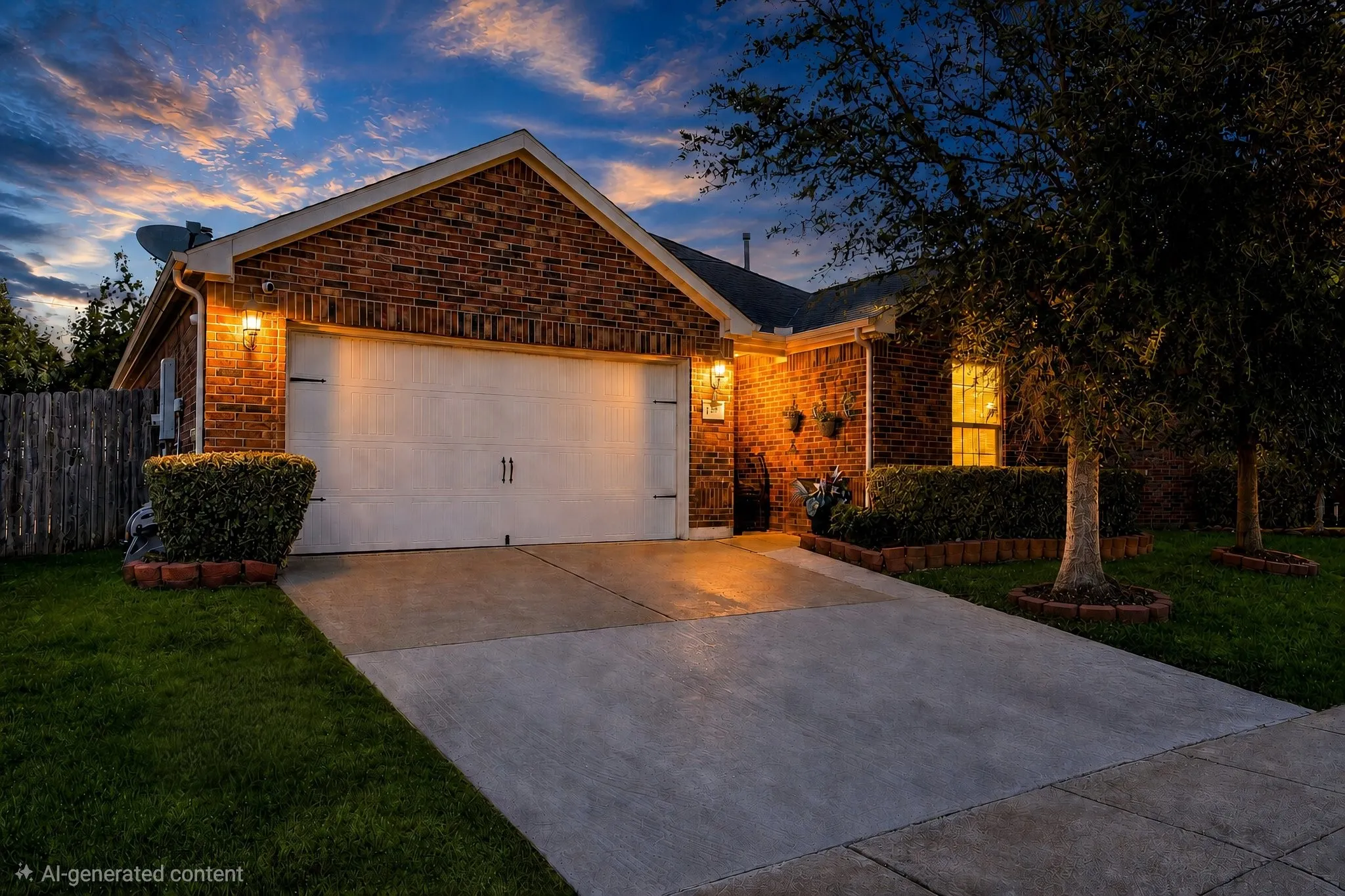 Brick exterior with a gabled roofline, attached garage, concrete driveway, and established front landscaping