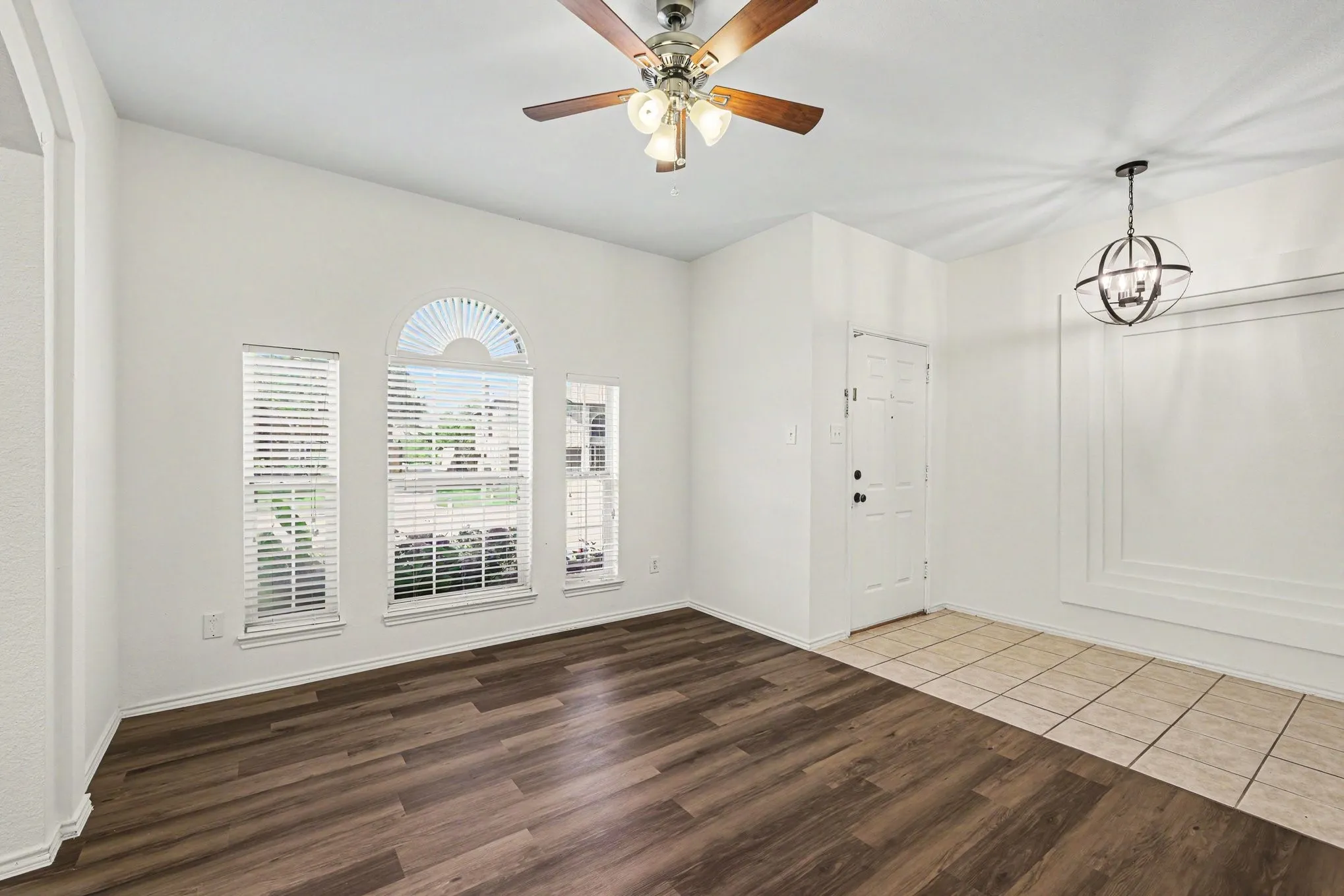 Wood-finish flooring with tile entry