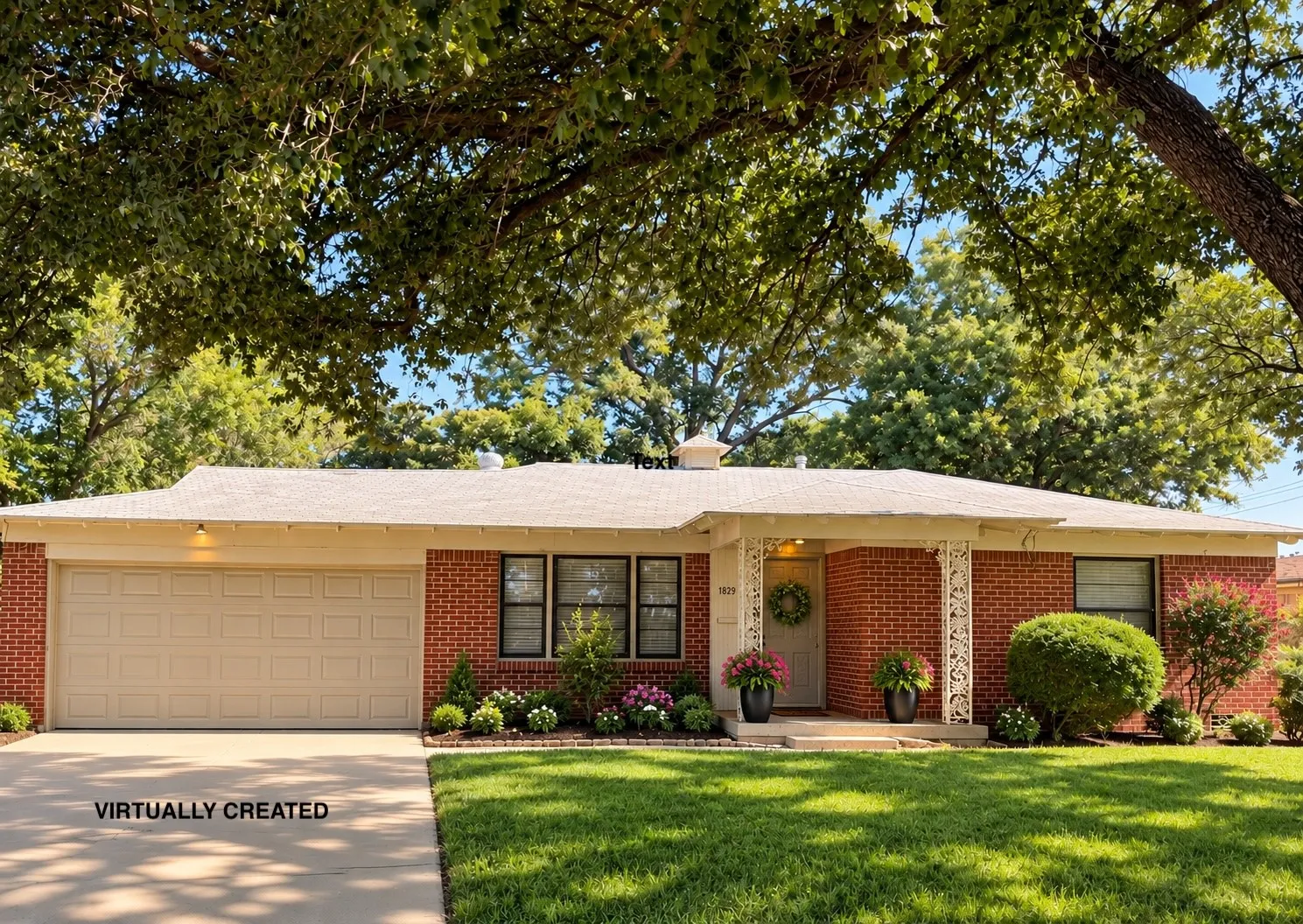 Brick exterior with a covered entry featuring decorative columns, an attached garage, and mature front landscaping