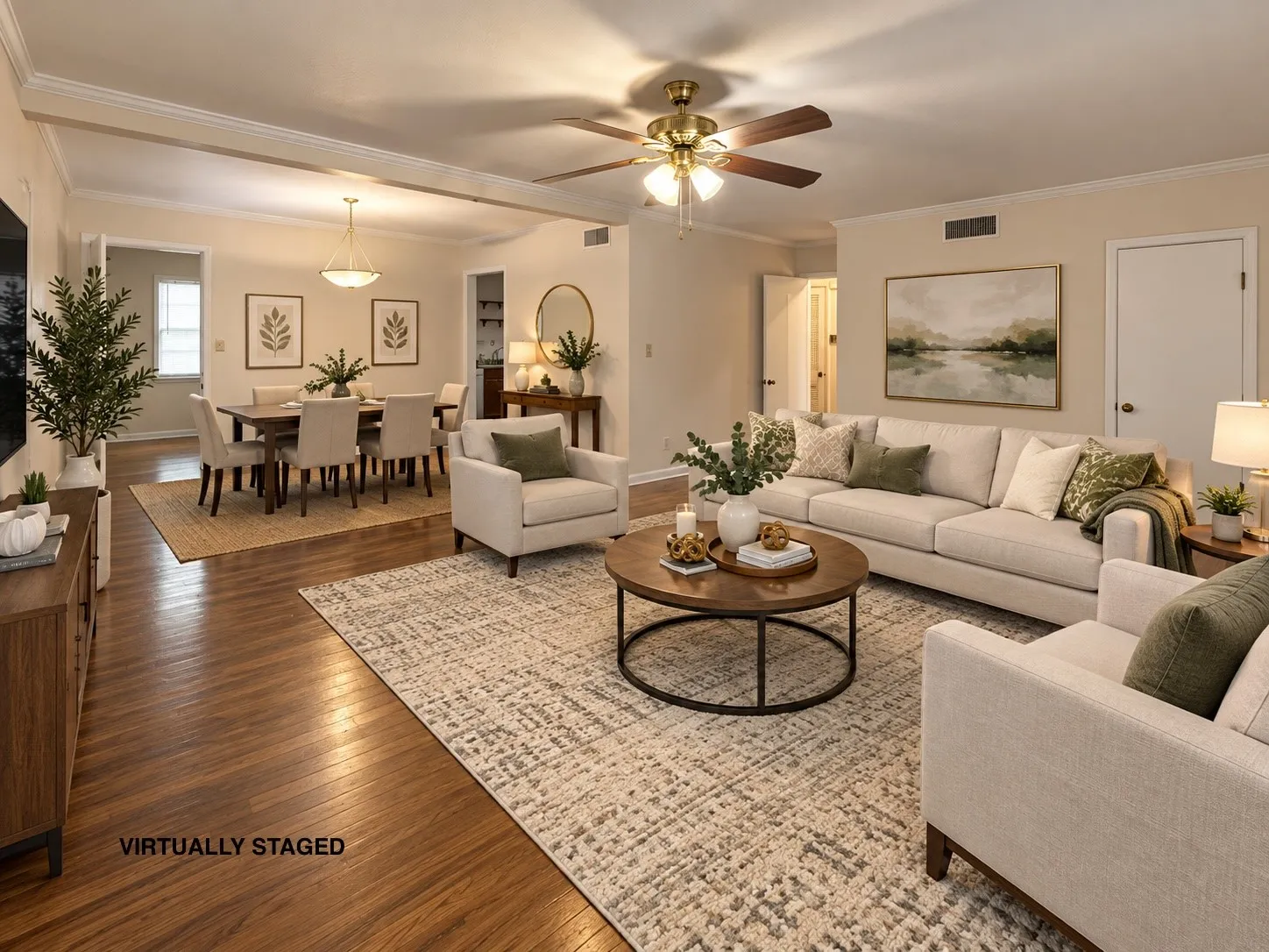 Virtually created image of living and dining rooms