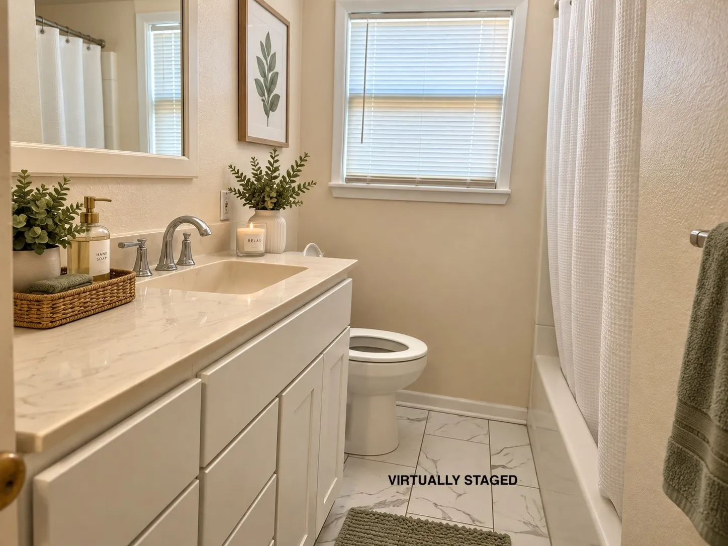 White shaker vanity with a light-toned countertop and integrated sink