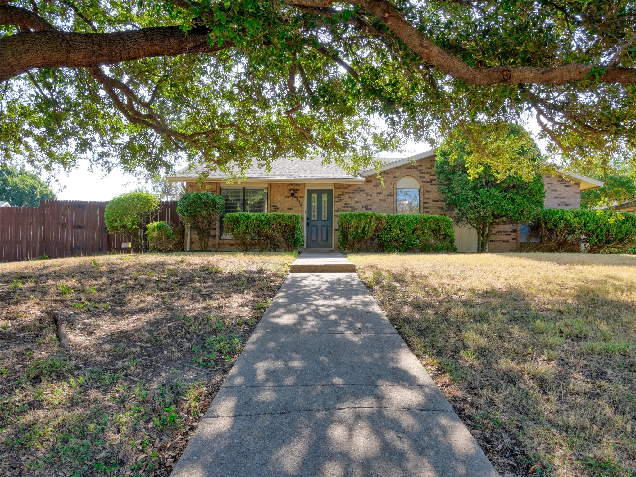 Brick exterior with a dark-paneled front door, mature tree canopy, concrete walkway, and established foundation plantings