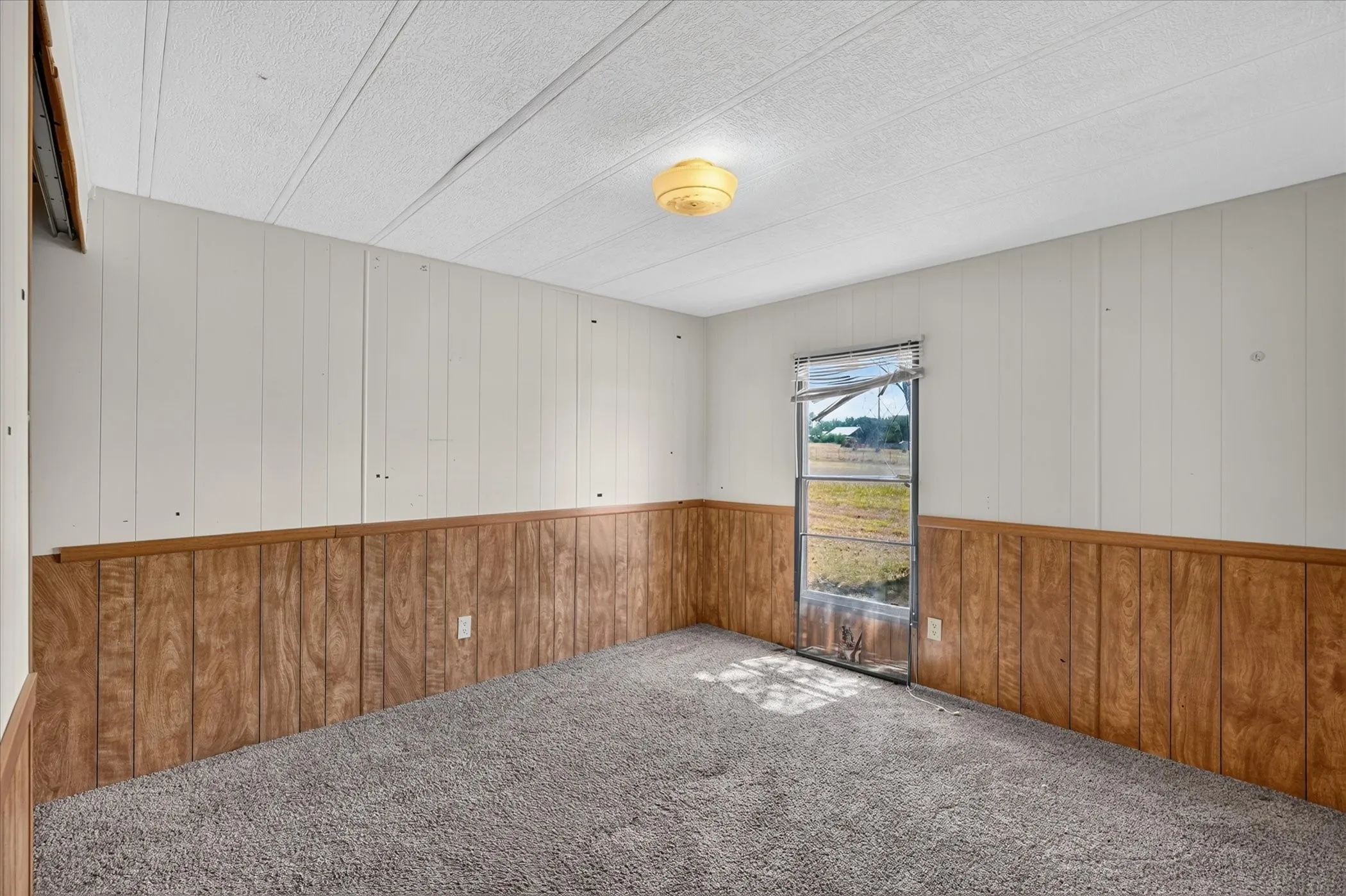 Textured wall-to-wall carpeting, wood-finish paneling, white vertical plank walls, and a flush-mount ceiling light
