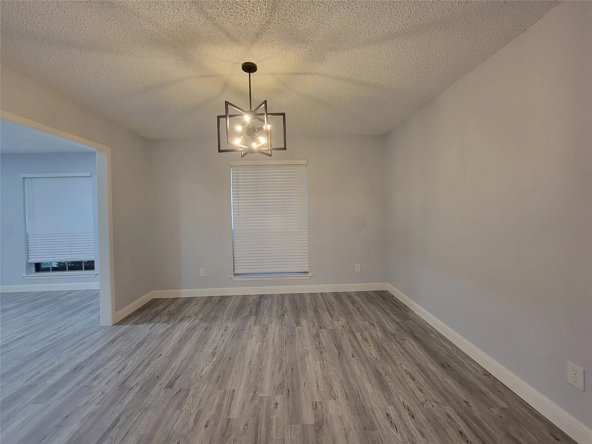 Spacious interior with neutral wall paint and wood-finish flooring