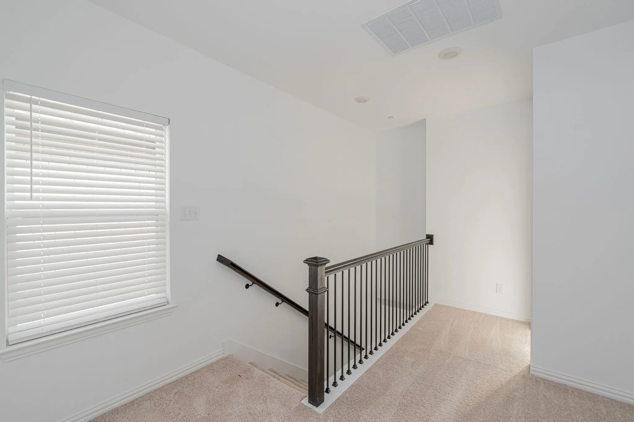 Light-filled upstairs loft offers an open, airy feel with plush carpeting, modern iron-and-wood railing, and abundant natural light from the nearby window.