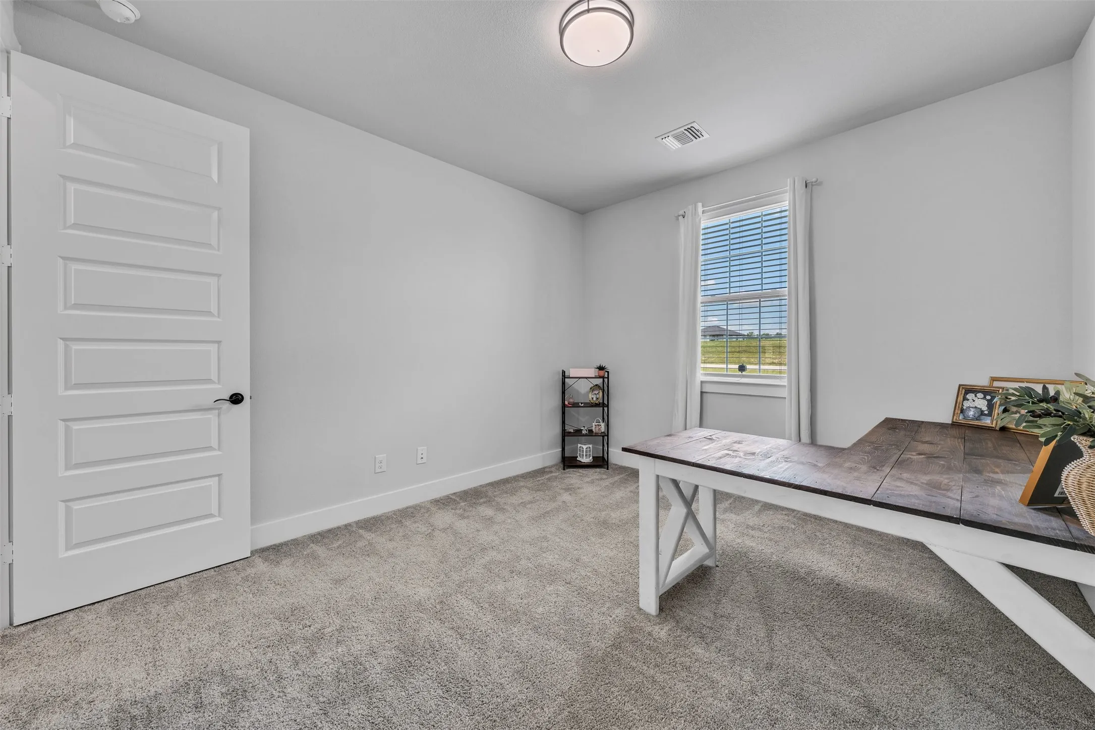 Plush carpet flooring, a multi-paneled door with black hardware, and a window with blinds and drapes