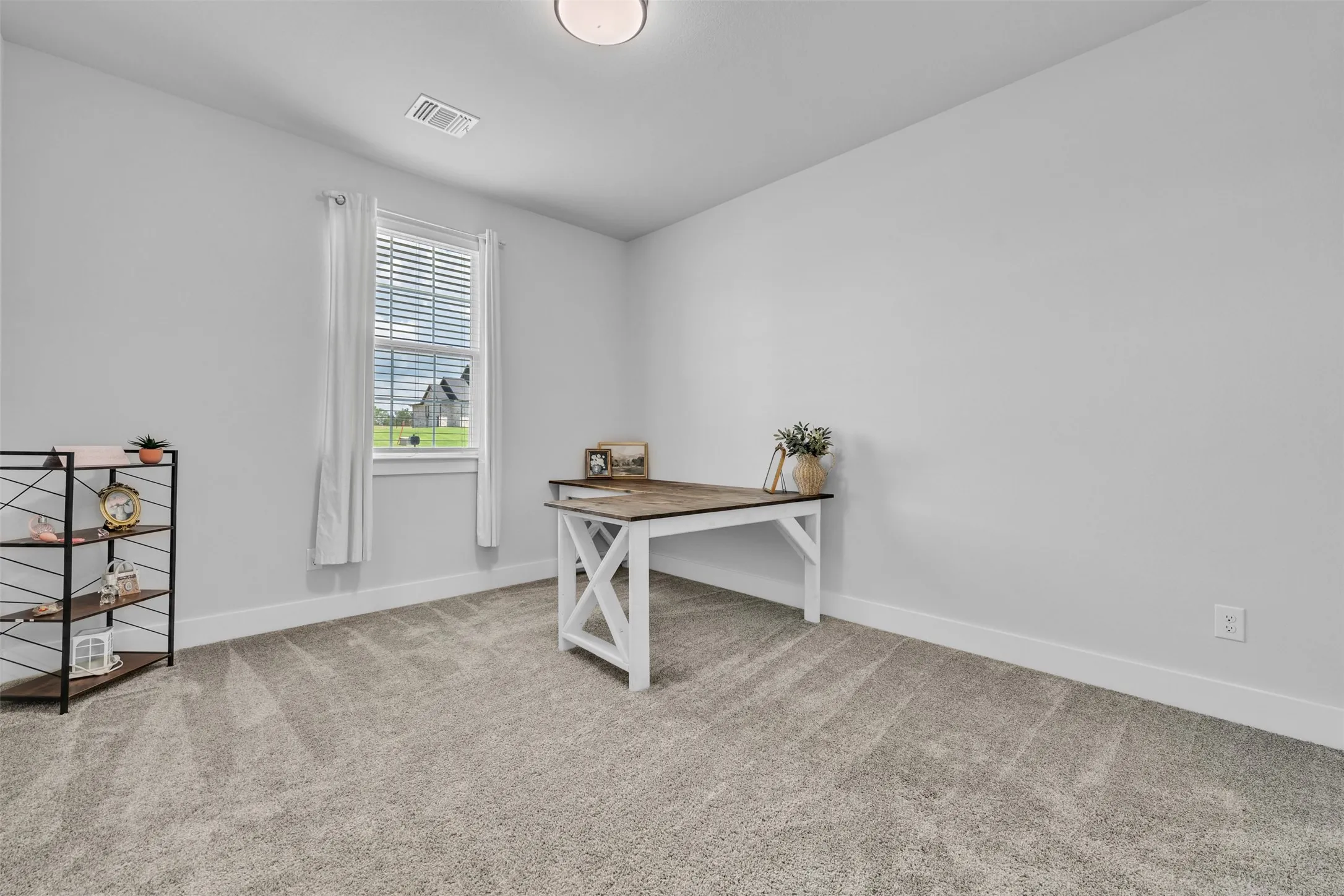 Neutral wall tones with a window featuring blinds and curtains, complemented by a flush-mount ceiling light and carpeted flooring