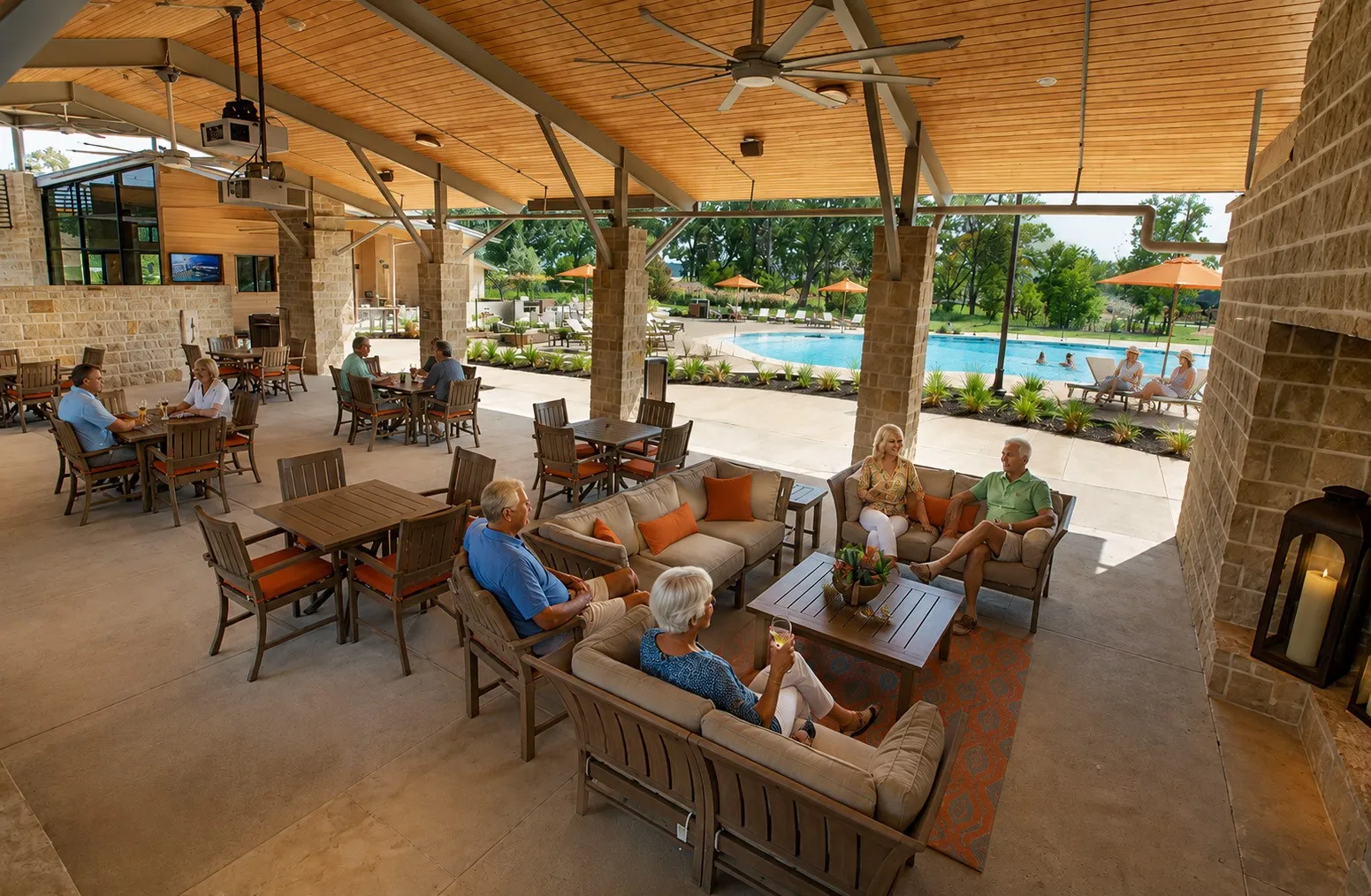 The Clubhouse at Del Webb Trinity Falls is a 10,000-square-foot social hub featuring multi-purpose rooms, gathering spaces, and a fitness center with a yoga and aerobics room.
