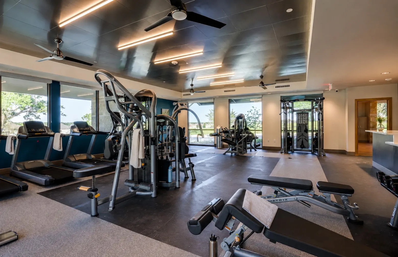 The community fitness center at Del Webb Trinity Falls includes Cardio & Strength Equipment, a Movement Studio and locker rooms.
