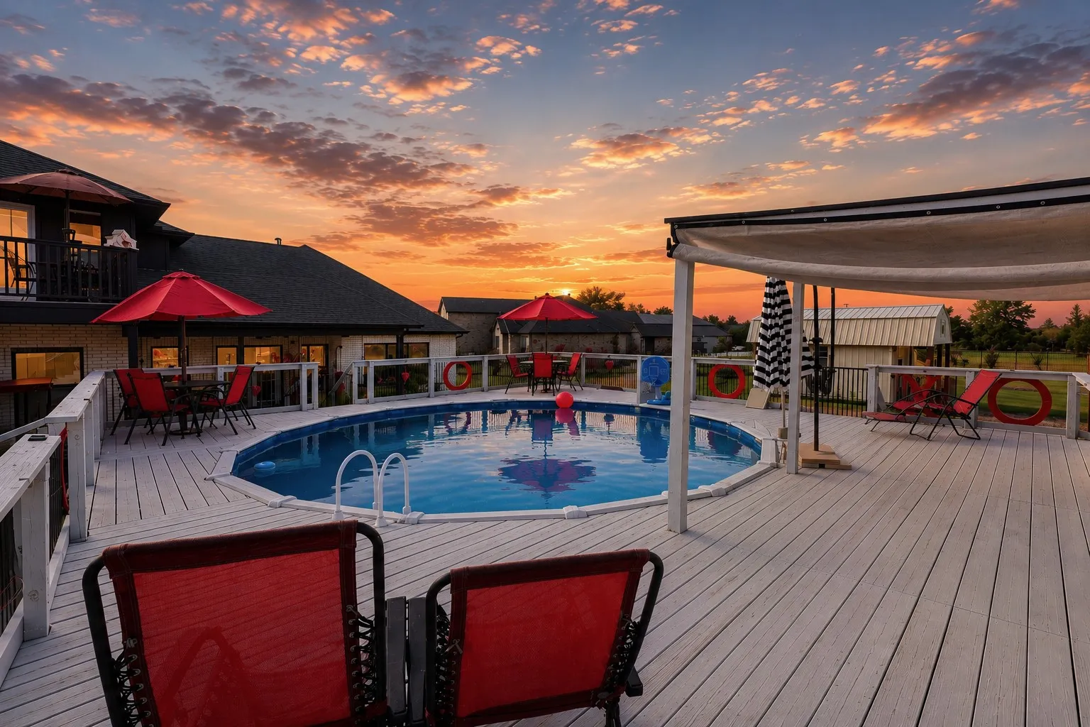 Expansive wood-finish deck surrounding an oval-shaped pool, featuring a fabric pergola and protective railings