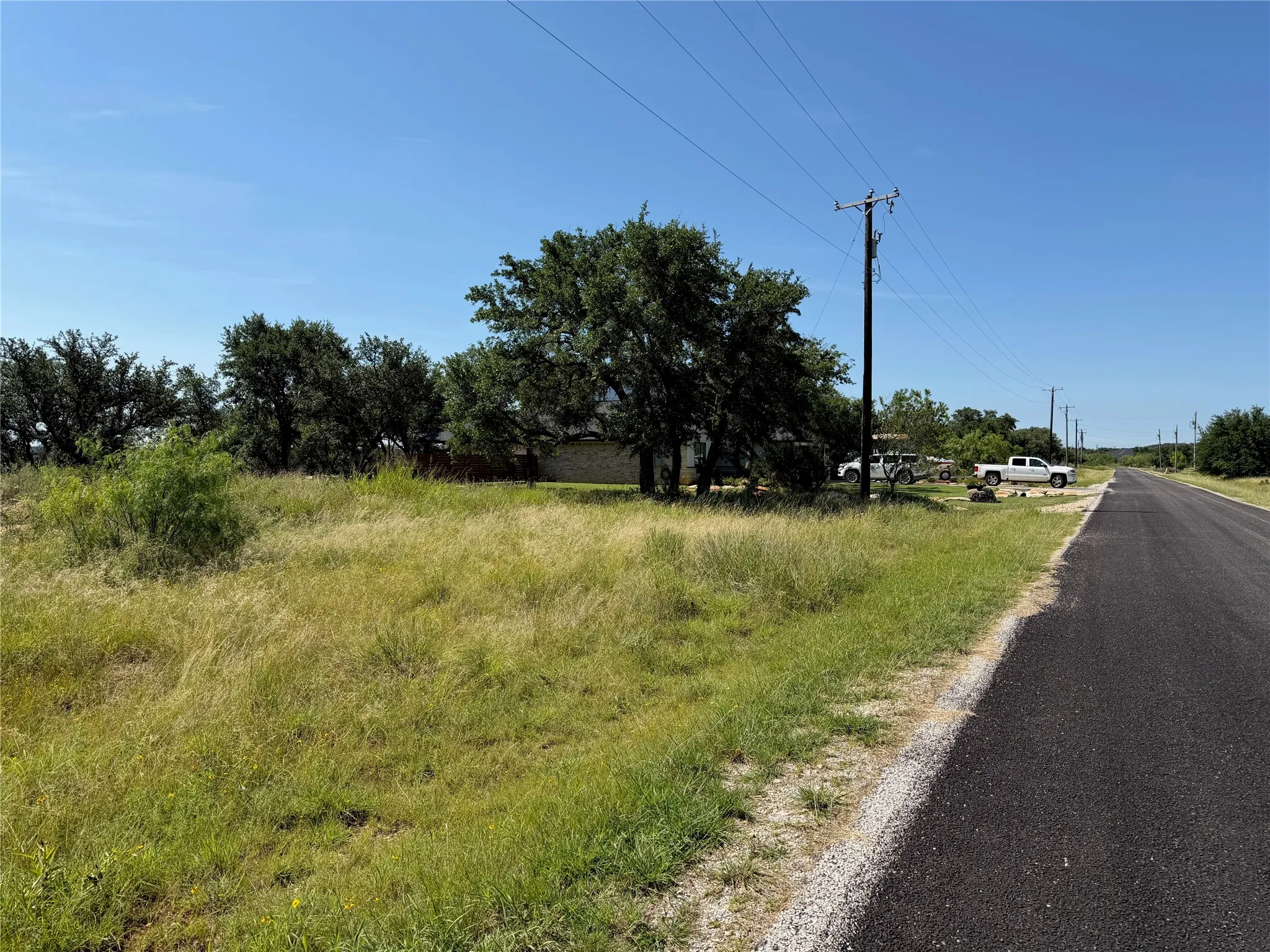 Roadside parcel featuring a natural grass landscape, mature trees, and a clear sky backdrop