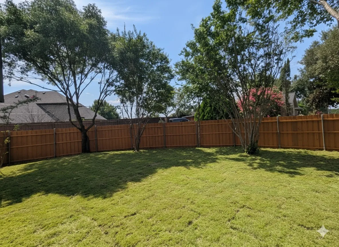 Expansive green lawn with mature trees and a privacy fence