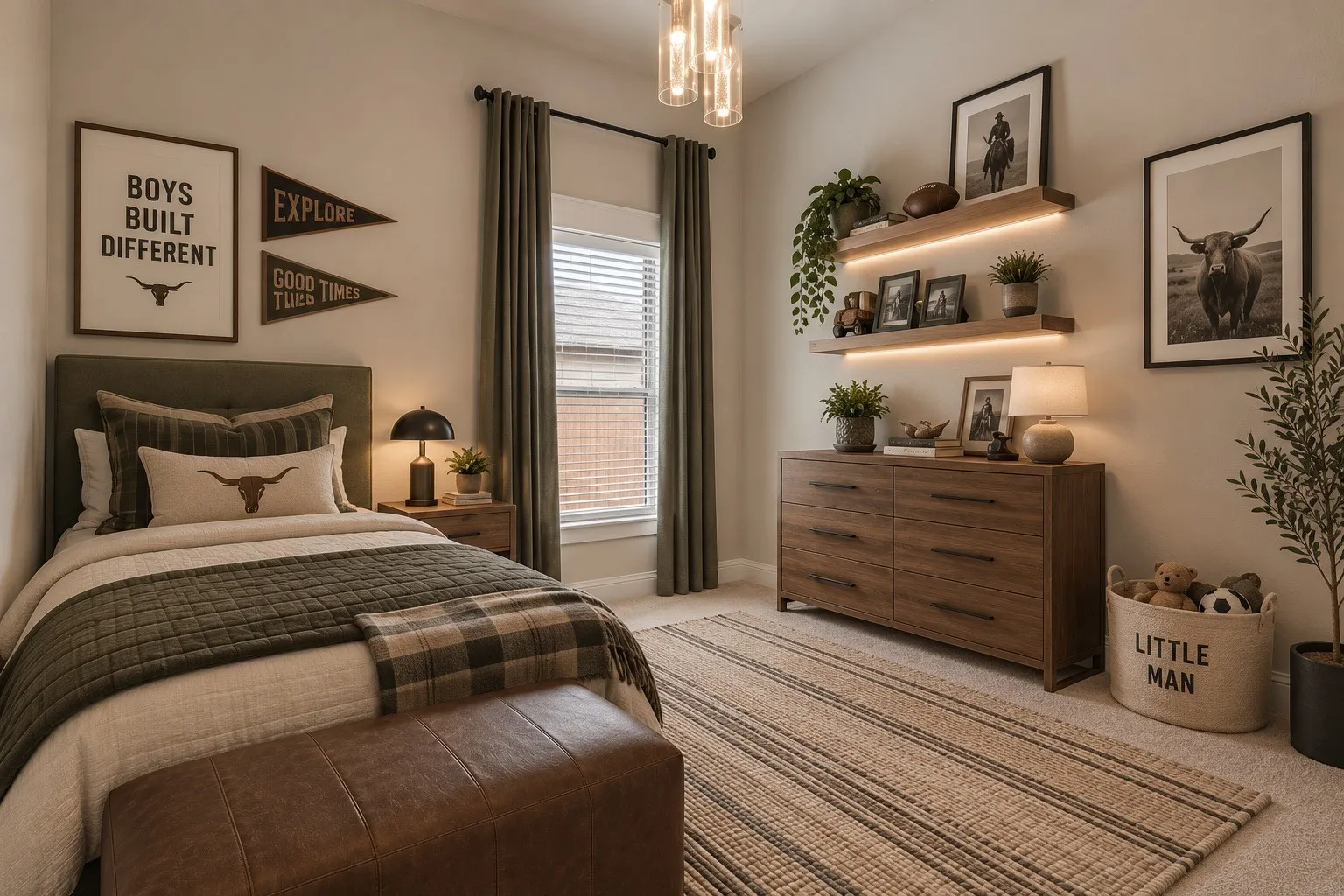 Single window with blinds and full-length. Home has been virtually staged for optimal potential.. drapes. Home has been virtually staged for optimal potential.