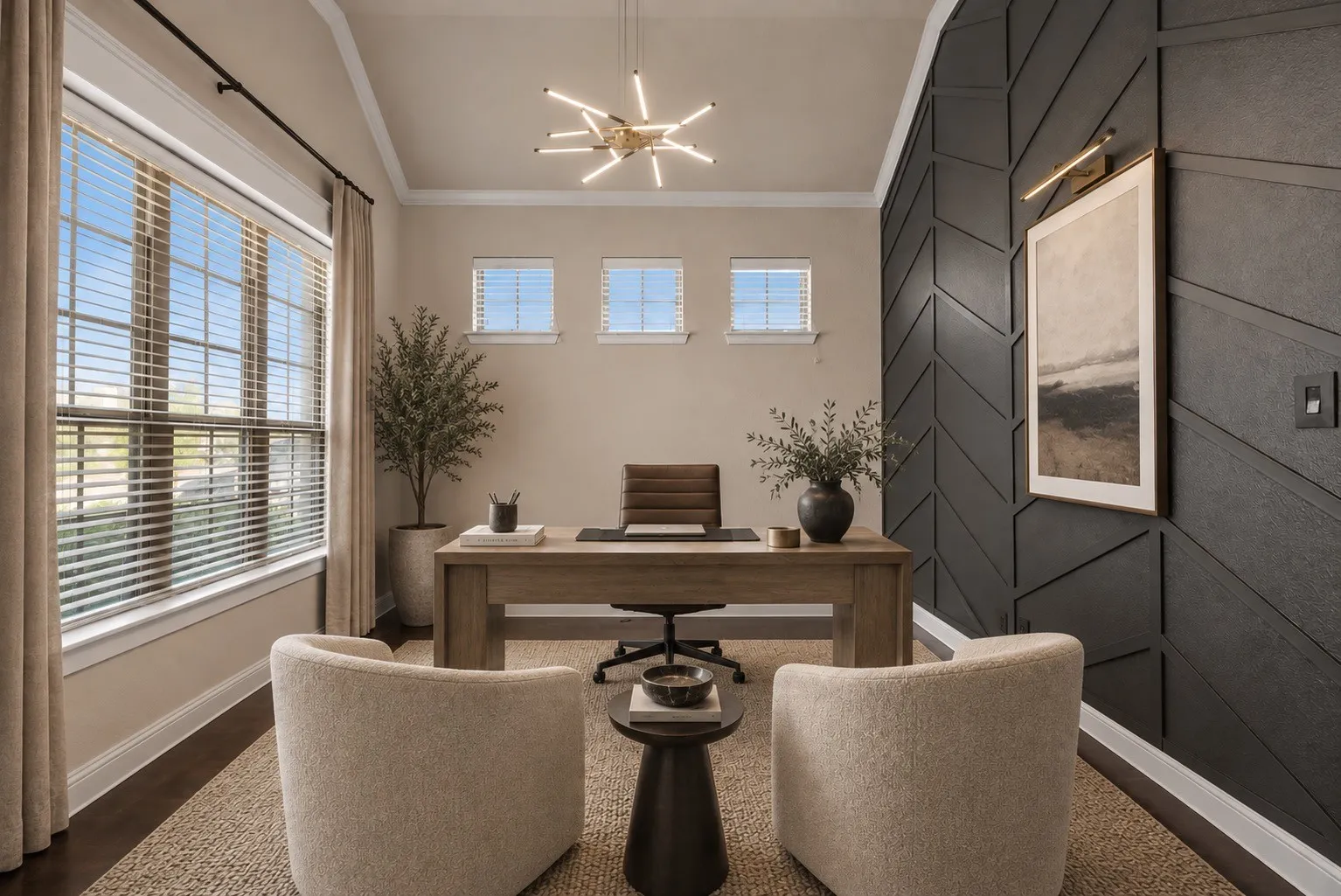 Vaulted ceiling, dark wood-finish flooring, accent wall with geometric paneling, large windows with blinds, and contemporary ceiling light fixture. Home has been virtually staged for optimal potential.