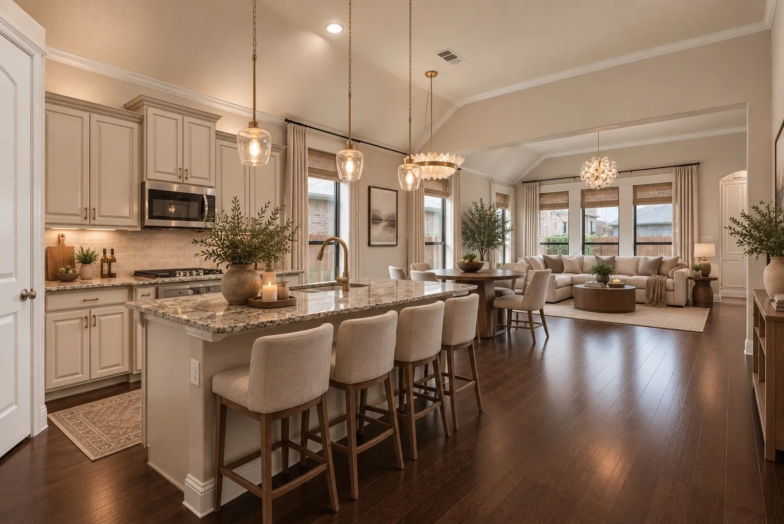 Open concept kitchen, dinning, and living space. Home has been virtually staged for optimal potential.