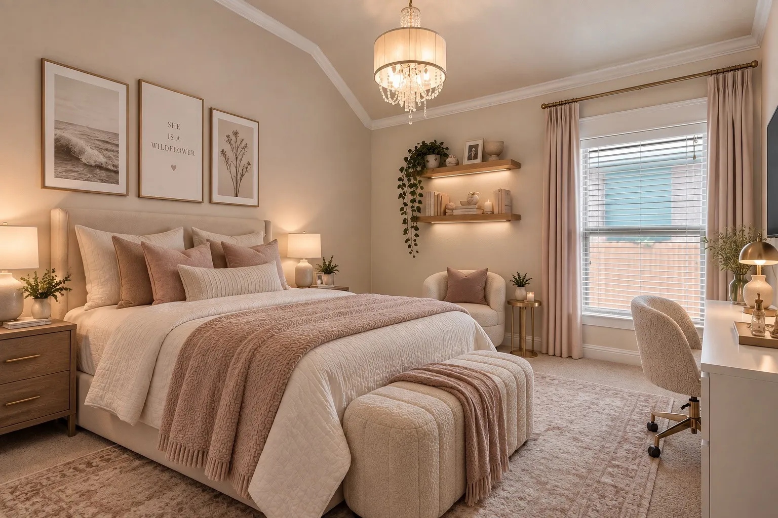 Vaulted ceiling with crown molding, chandelier lighting, recessed lighting on built-in shelving, and a window with blinds and drapery.Home has been virtually staged for optimal potential.