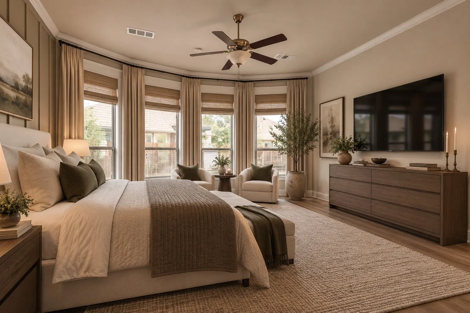 Bay window with window treatments, ceiling fan, crown molding, wood-finish flooring, and panel accent wall. Home has been virtually staged for optimal potential.
