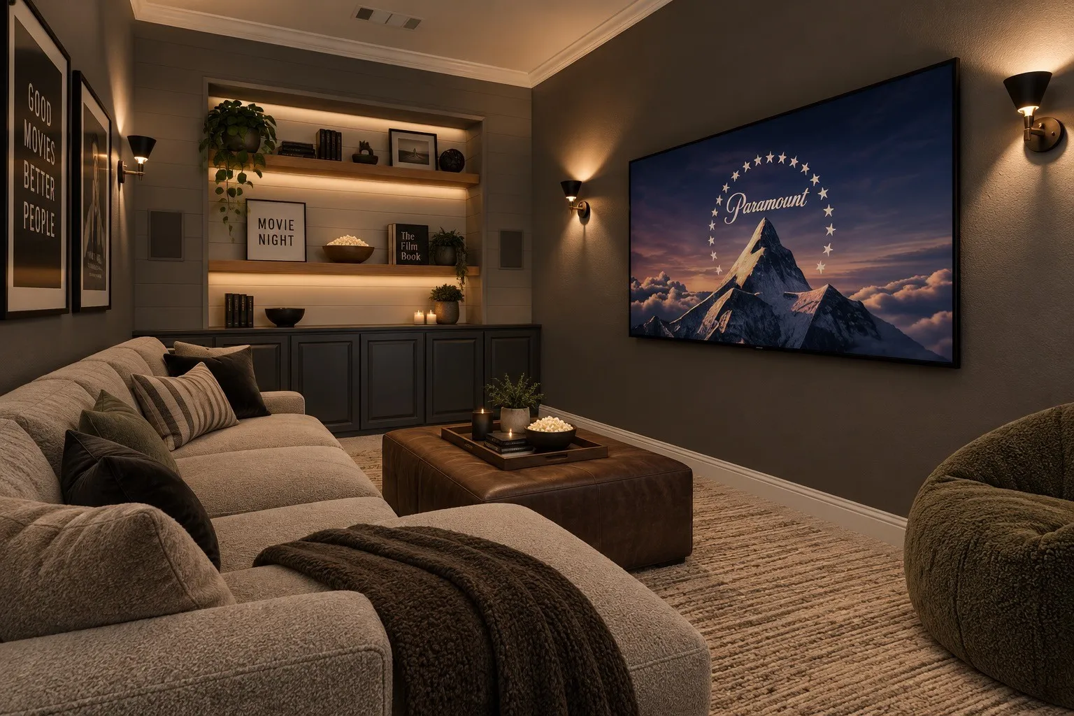 Built-in shelving with integrated lighting, wall-mounted display screen, recessed ceiling lighting, and wall sconces.Home has been virtually staged for optimal potential.