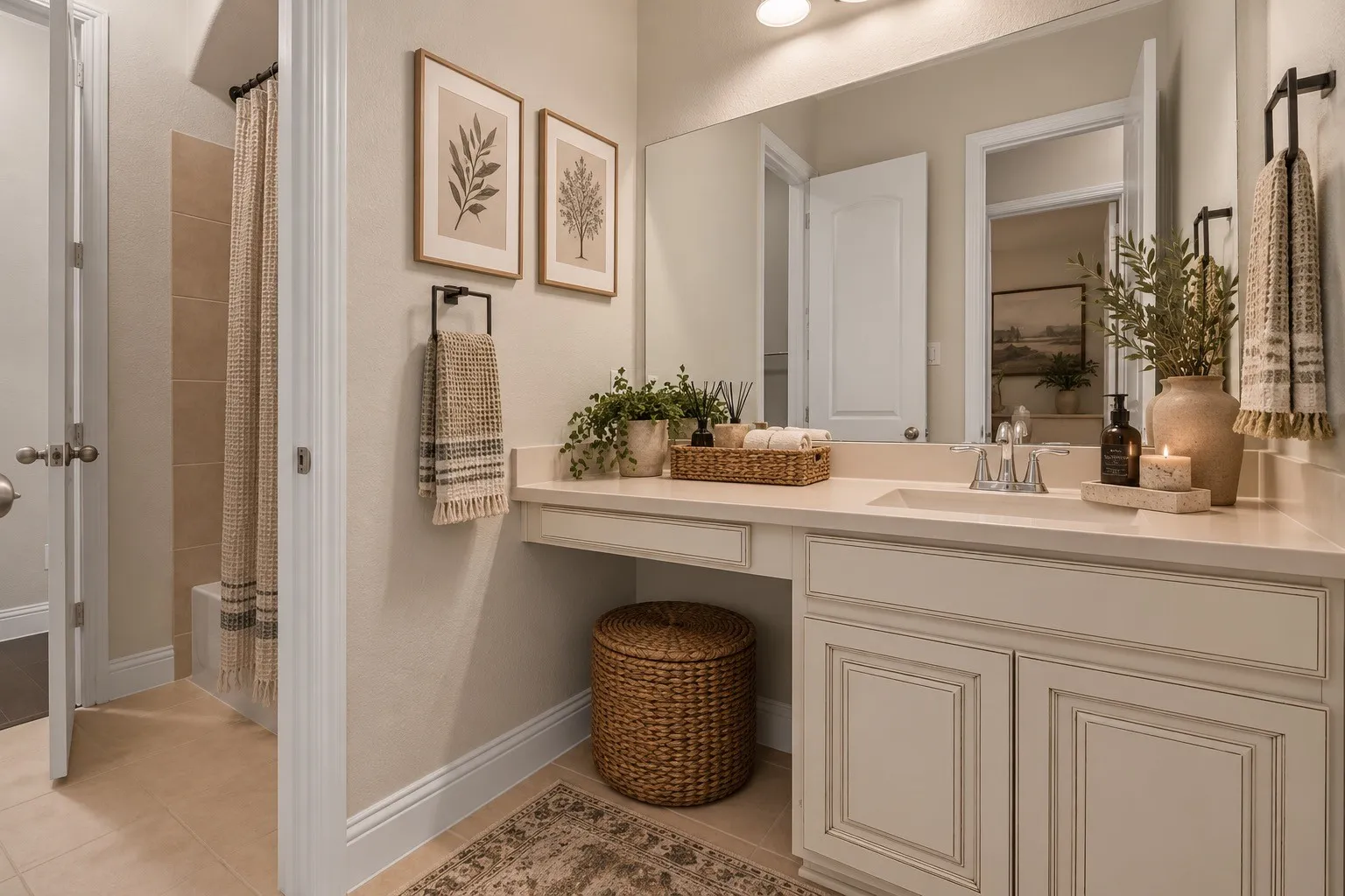 Spacious vanity with an integrated sink, polished chrome faucet, and ample storage cabinetry.Home has been virtually staged for optimal potential.