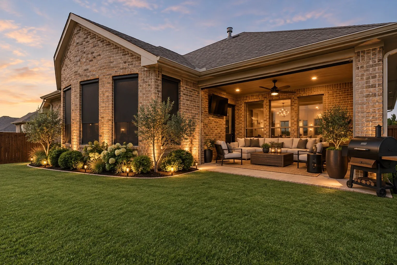 Expansive backyard featuring a brick exterior with multiple windows, a covered patio with recessed lighting and a ceiling fan, and mature landscaping with accent lighting.Home has been virtually staged & landscaped for optimal potential.